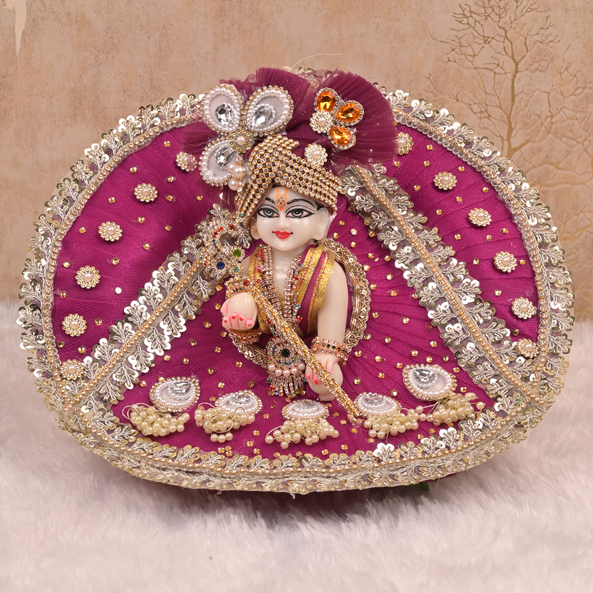 Laddu Gopal Poshak – Wine Purple Designer Net Dress with Golden Pearl & Kundan Work