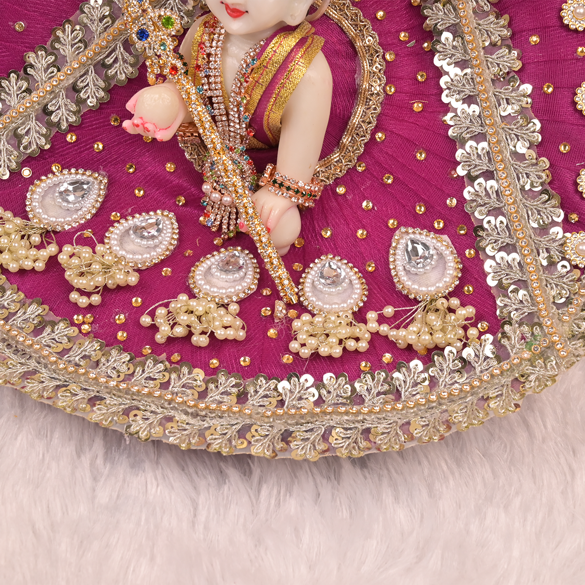 Laddu Gopal Poshak – Wine Purple Designer Net Dress with Golden Pearl & Kundan Work