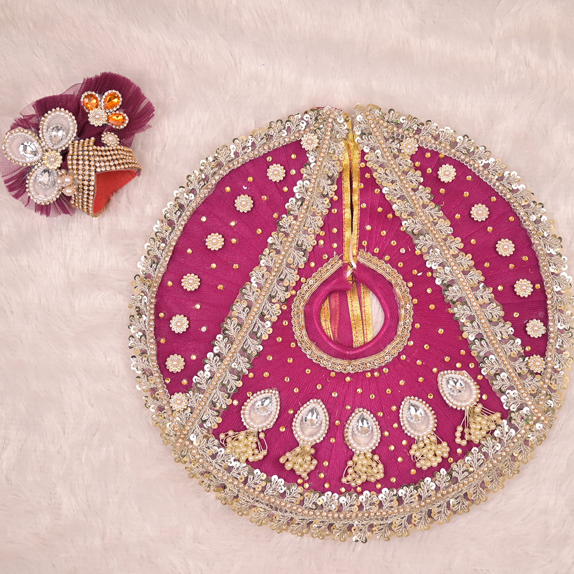 Laddu Gopal Poshak – Wine Purple Designer Net Dress with Golden Pearl & Kundan Work