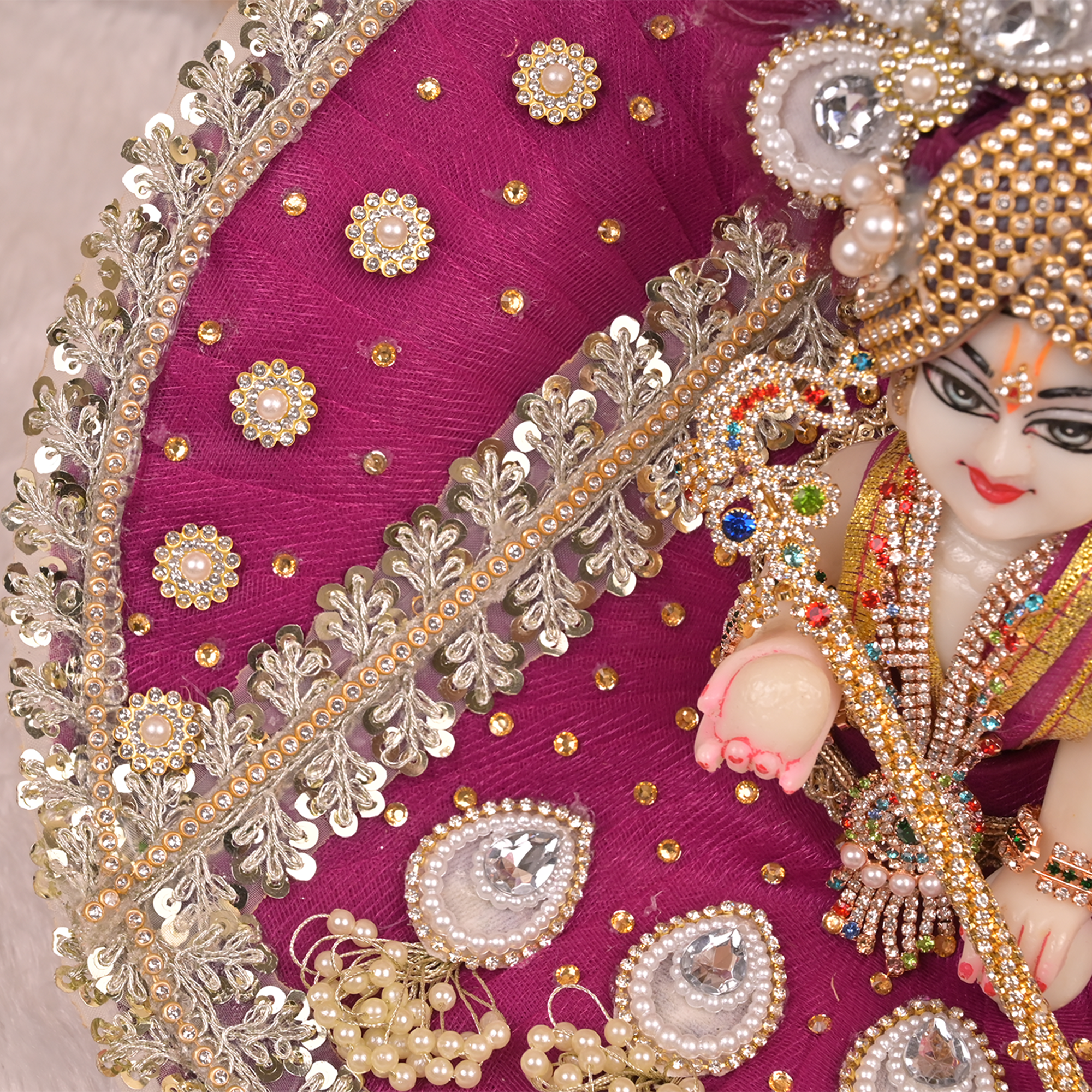 Laddu Gopal Poshak – Wine Purple Designer Net Dress with Golden Pearl & Kundan Work