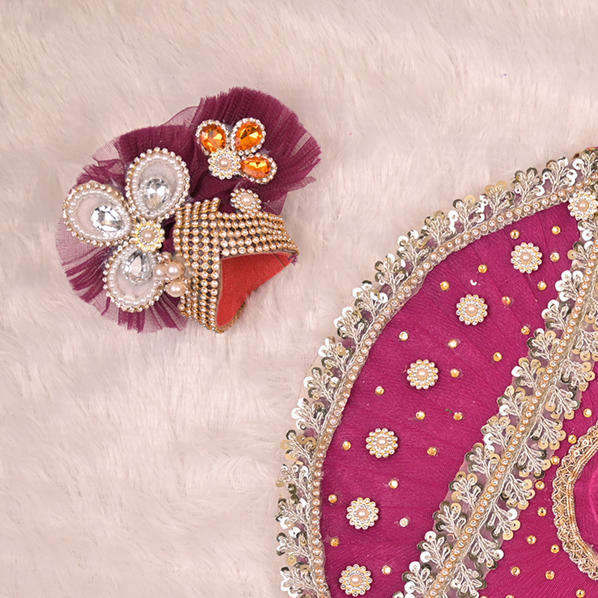 Laddu Gopal Poshak – Wine Purple Designer Net Dress with Golden Pearl & Kundan Work