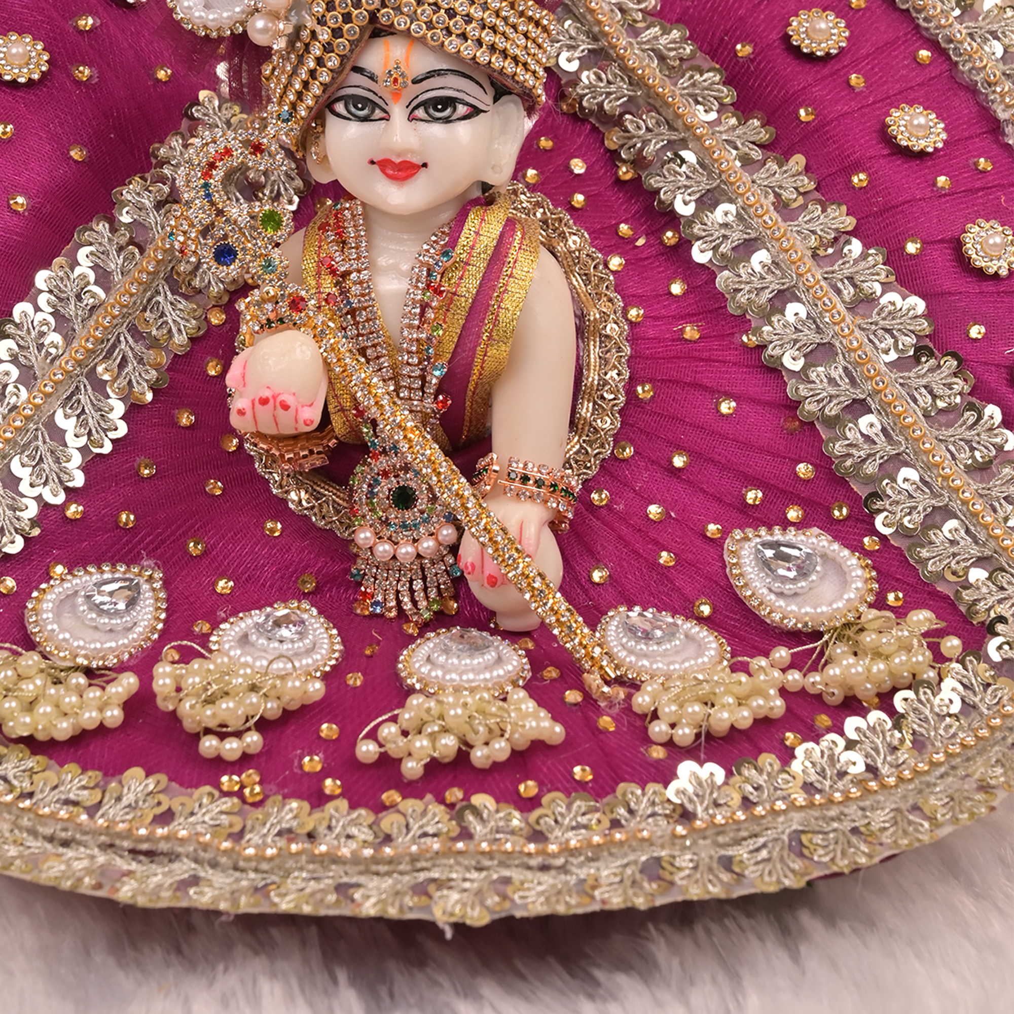 Laddu Gopal Poshak – Wine Purple Designer Net Dress with Golden Pearl & Kundan Work