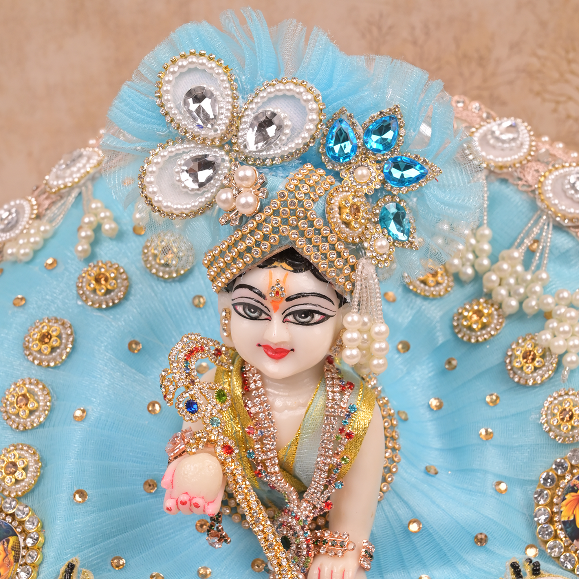 Laddu Gopal Poshak – Sky Blue Net Dress with Cow Design, Kundan & Pearl Work