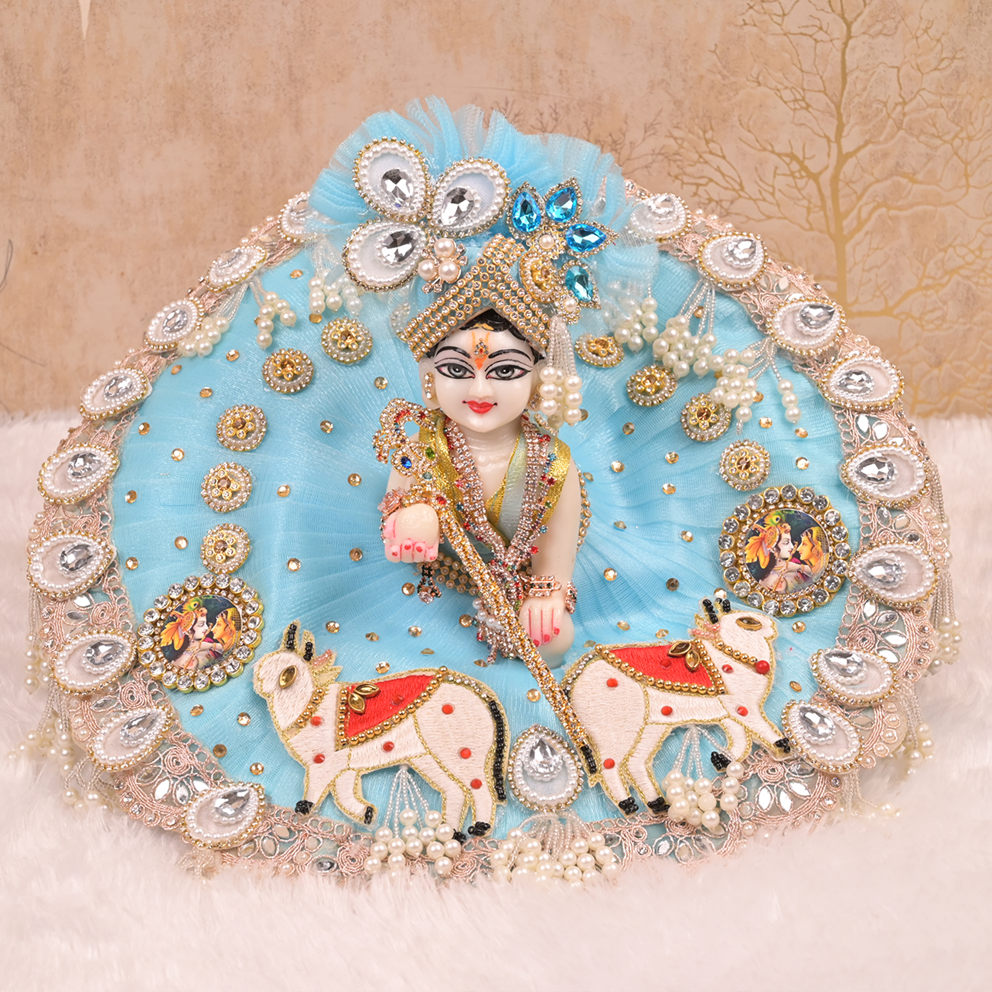 Laddu Gopal Poshak – Sky Blue Net Dress with Cow Design, Kundan & Pearl Work