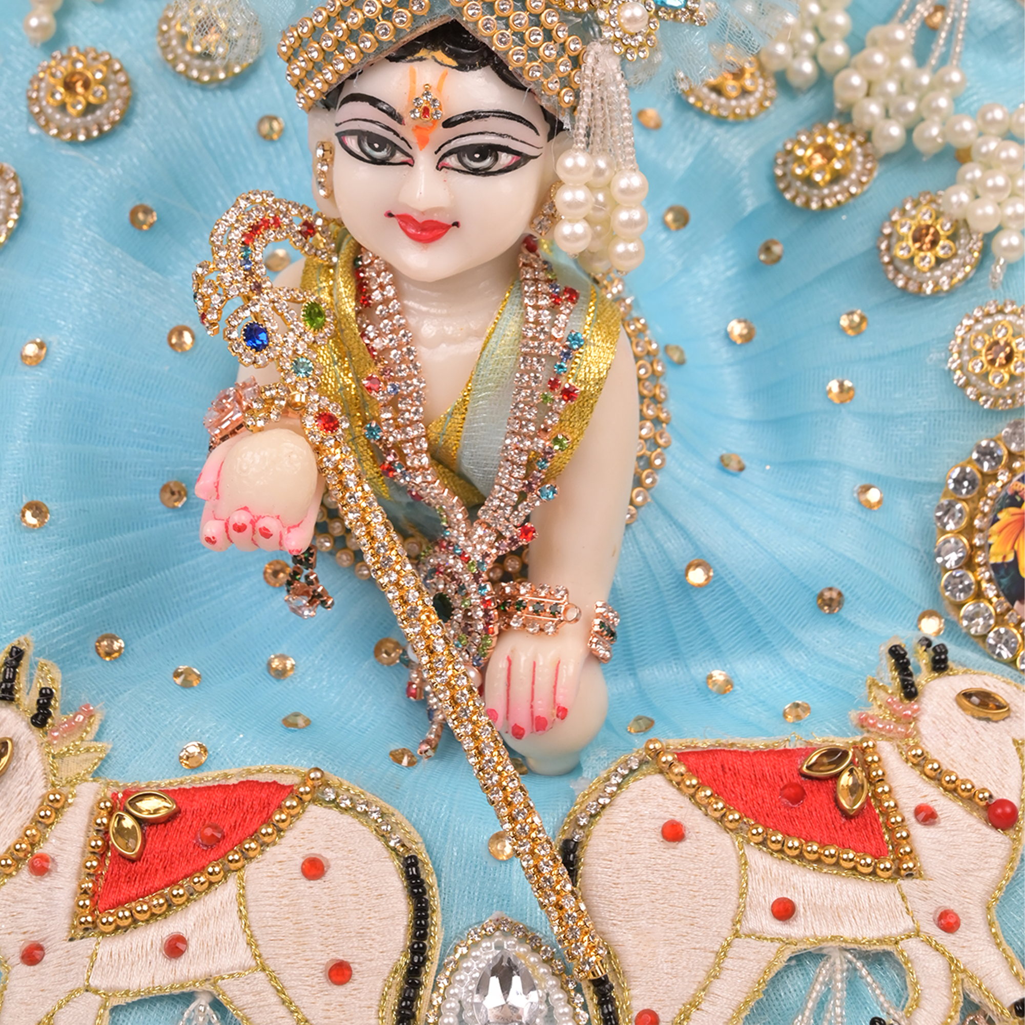Laddu Gopal Poshak – Sky Blue Net Dress with Cow Design, Kundan & Pearl Work