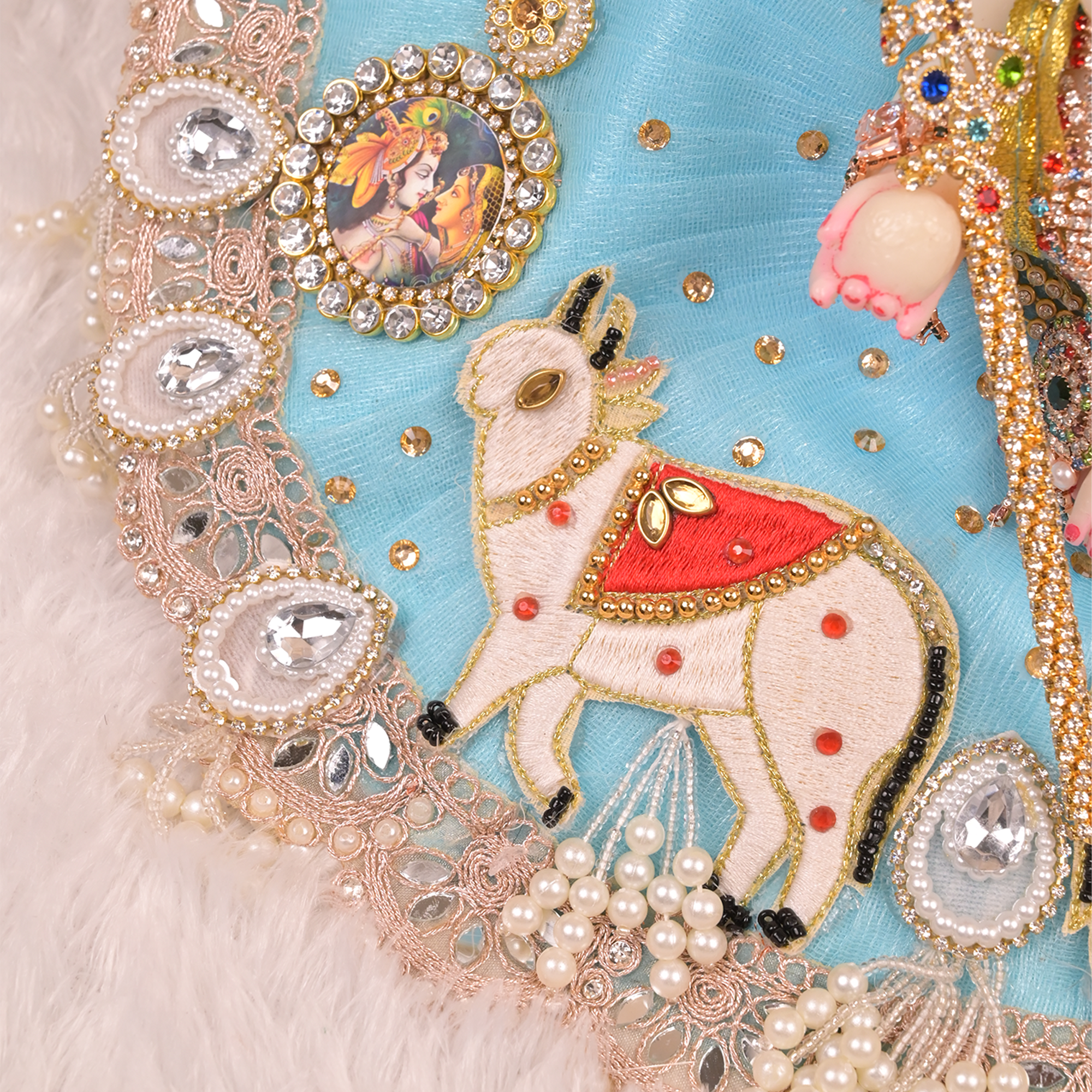 Laddu Gopal Poshak – Sky Blue Net Dress with Cow Design, Kundan & Pearl Work