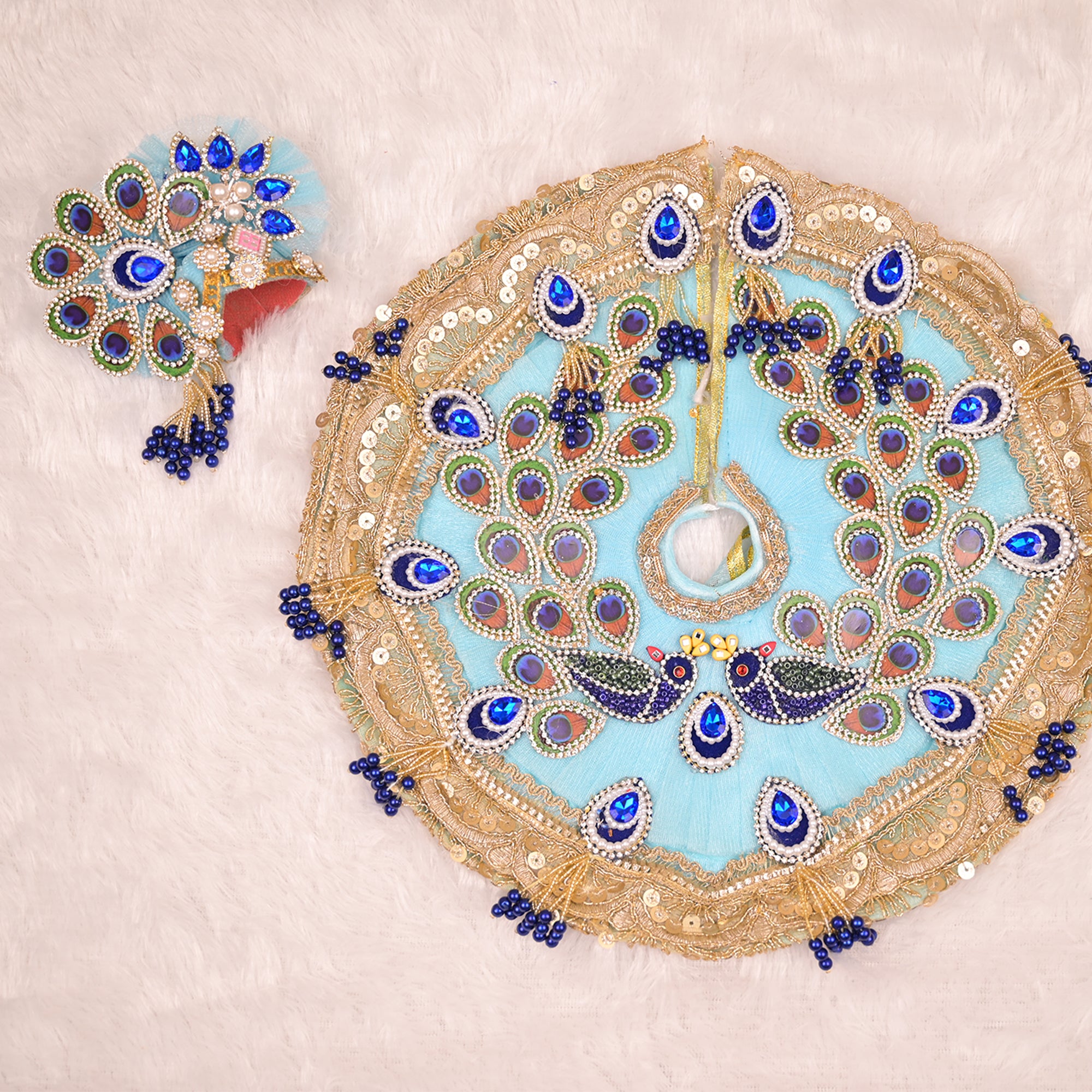 Laddu Gopal Poshak – Sky Blue Net Dress with Peacock Design, Kundan & Navy Blue Stonework