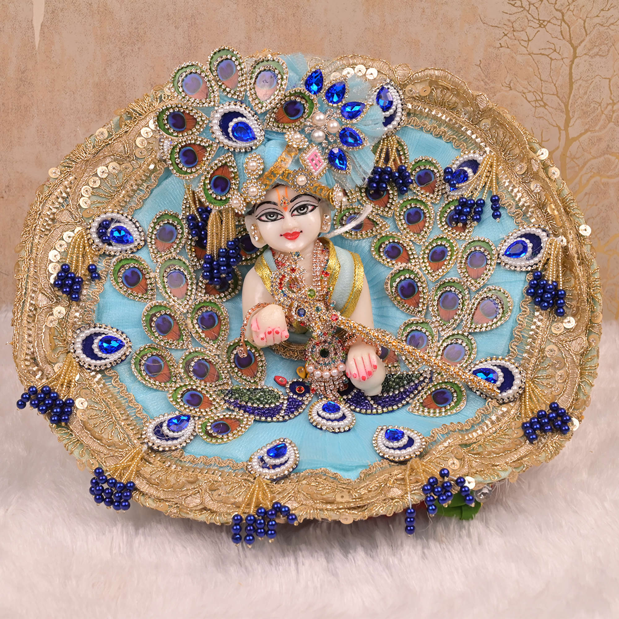 Laddu Gopal Poshak – Sky Blue Net Dress with Peacock Design, Kundan & Navy Blue Stonework