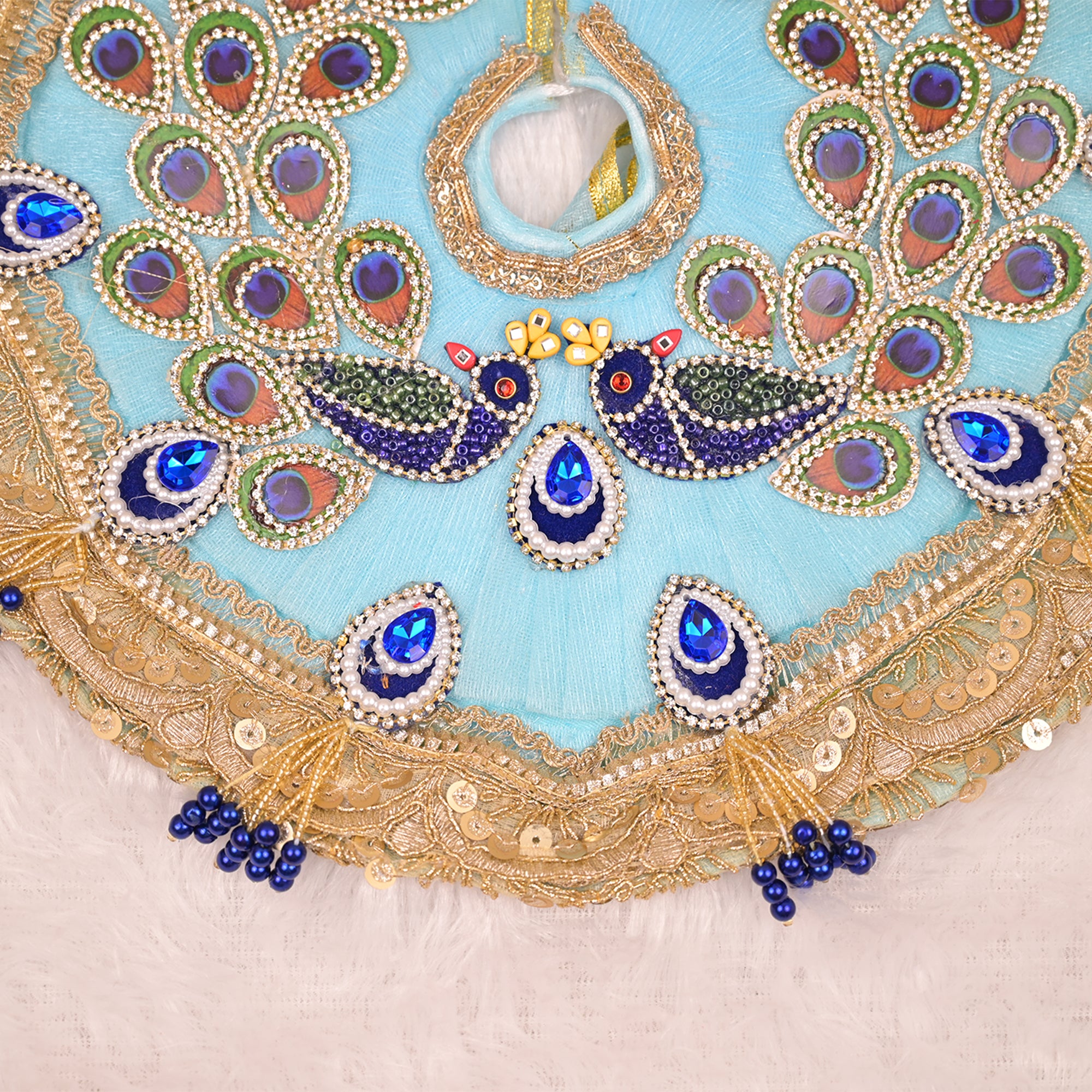 Laddu Gopal Poshak – Sky Blue Net Dress with Peacock Design, Kundan & Navy Blue Stonework