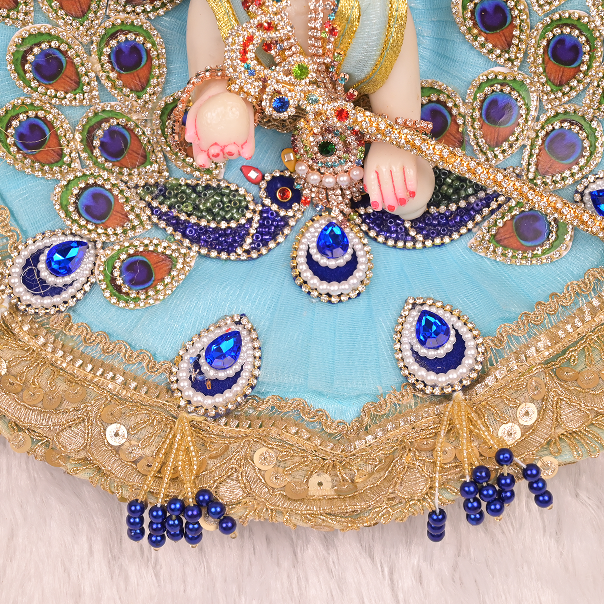 Laddu Gopal Poshak – Sky Blue Net Dress with Peacock Design, Kundan & Navy Blue Stonework
