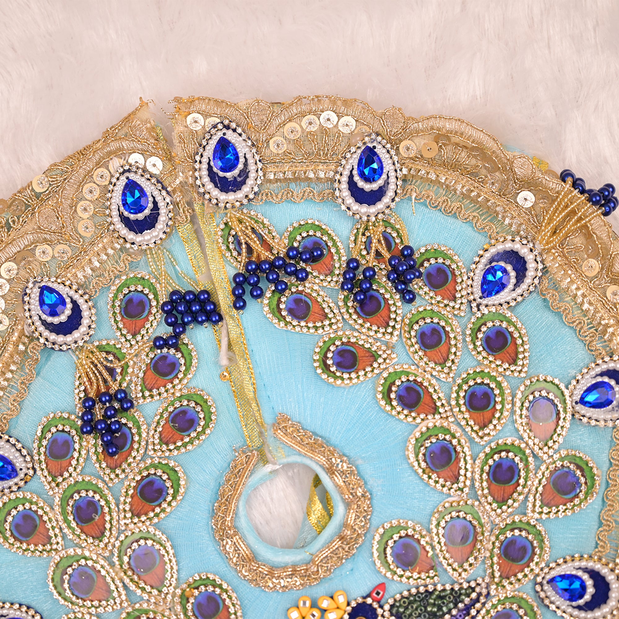 Laddu Gopal Poshak – Sky Blue Net Dress with Peacock Design, Kundan & Navy Blue Stonework