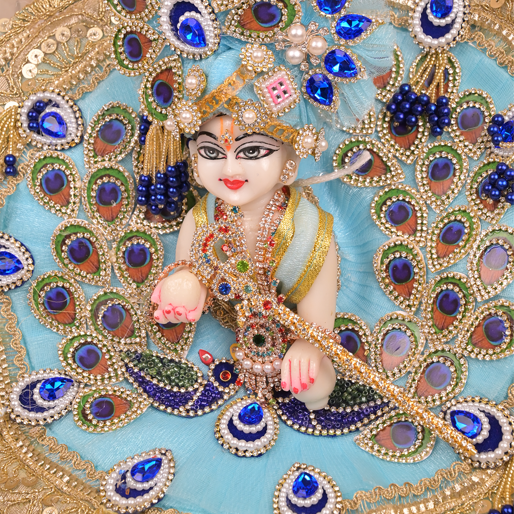 Laddu Gopal Poshak – Sky Blue Net Dress with Peacock Design, Kundan & Navy Blue Stonework
