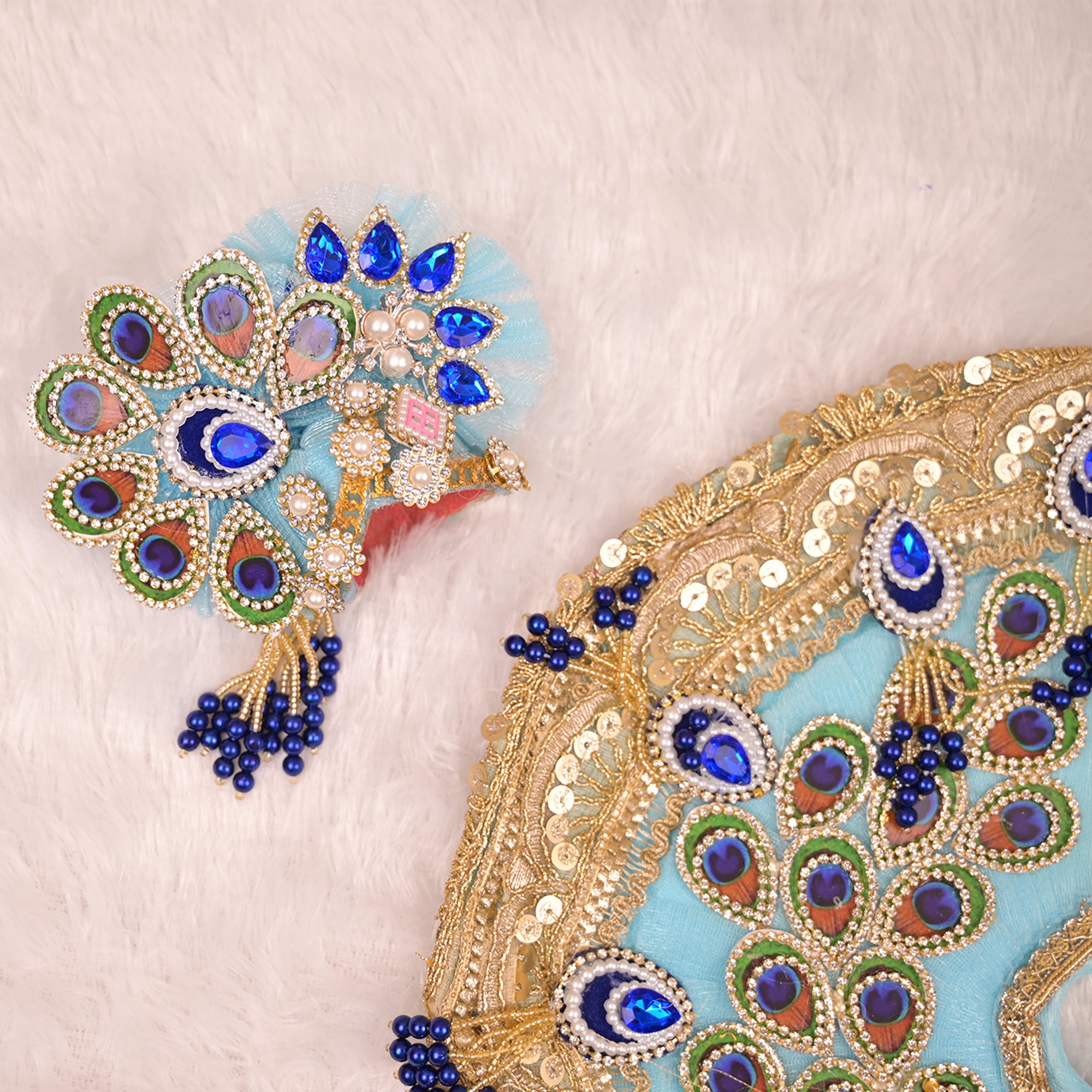 Laddu Gopal Poshak – Sky Blue Net Dress with Peacock Design, Kundan & Navy Blue Stonework