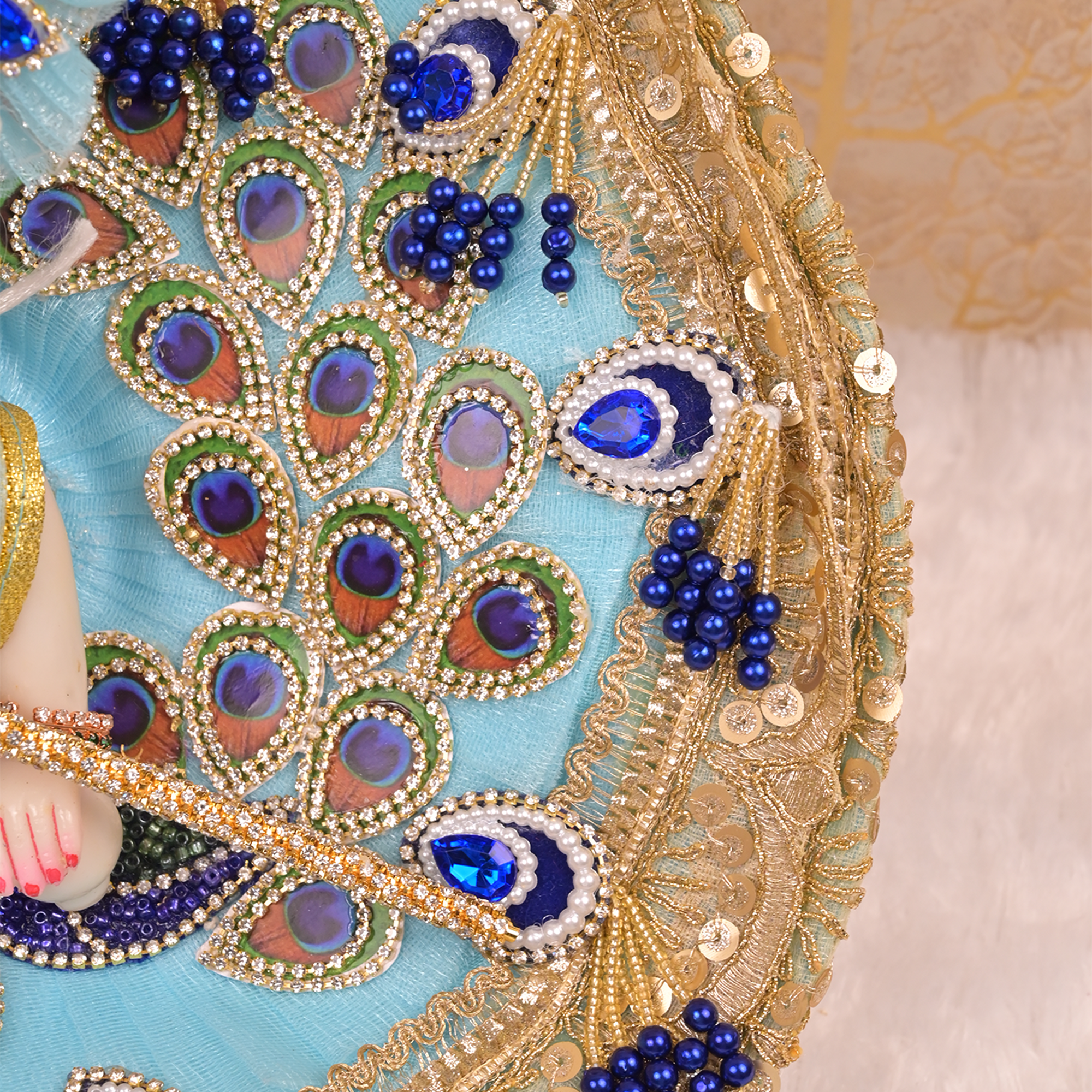 Laddu Gopal Poshak – Sky Blue Net Dress with Peacock Design, Kundan & Navy Blue Stonework