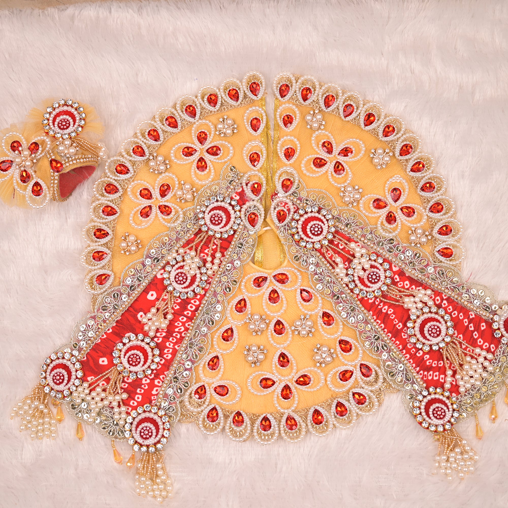 Laddu Gopal Poshak – Golden & Red Patka Style Dress with Kundan, Bead & Pearl Work