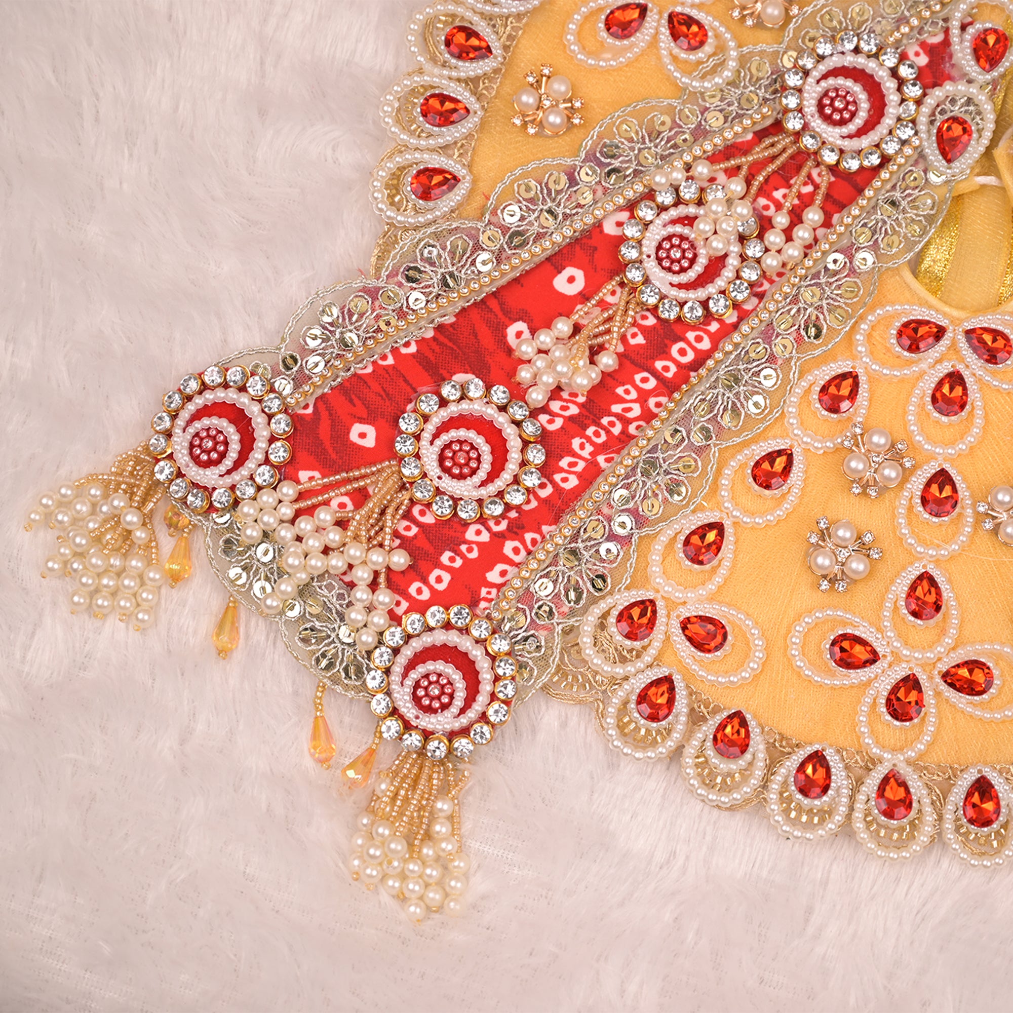 Laddu Gopal Poshak – Golden & Red Patka Style Dress with Kundan, Bead & Pearl Work