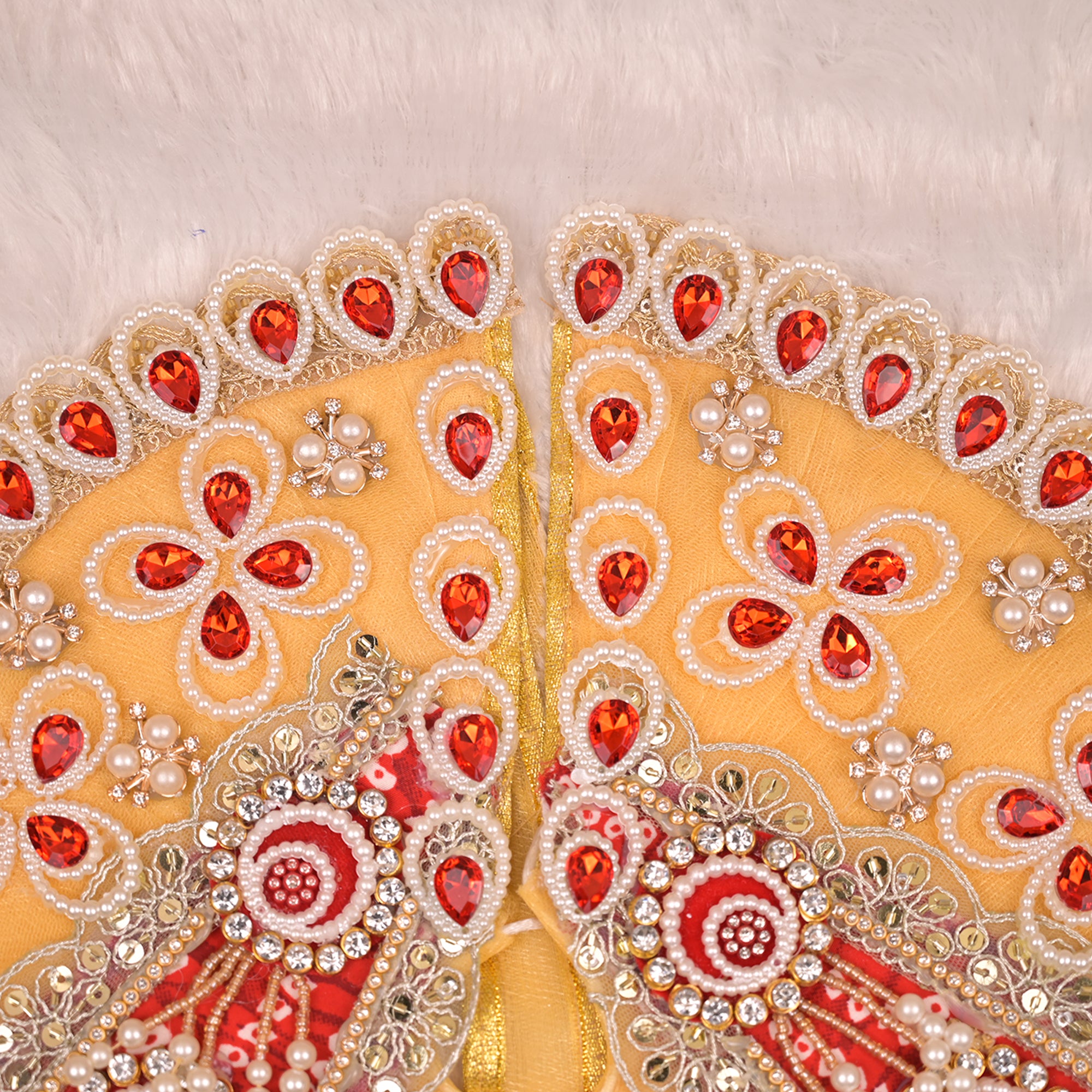 Laddu Gopal Poshak – Golden & Red Patka Style Dress with Kundan, Bead & Pearl Work