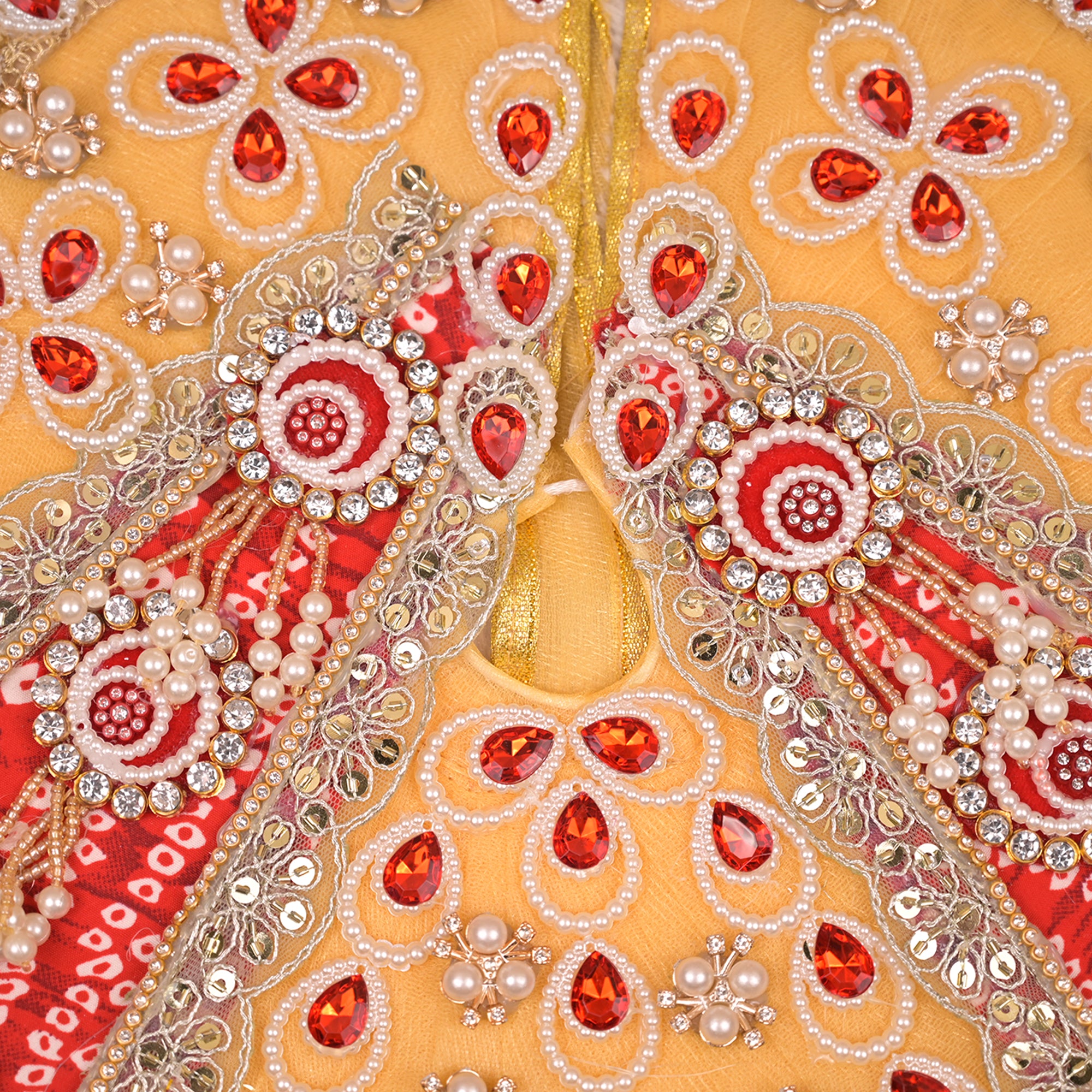 Laddu Gopal Poshak – Golden & Red Patka Style Dress with Kundan, Bead & Pearl Work