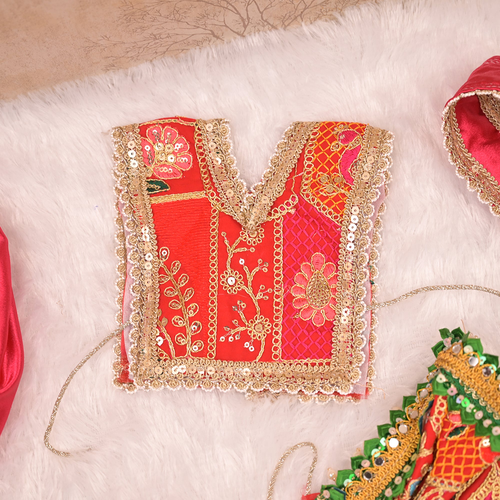 Radha Krishna Yugal Jodi Poshak – Yellow, Red & Green Georgette Lehenga Set with Dual Dupattas