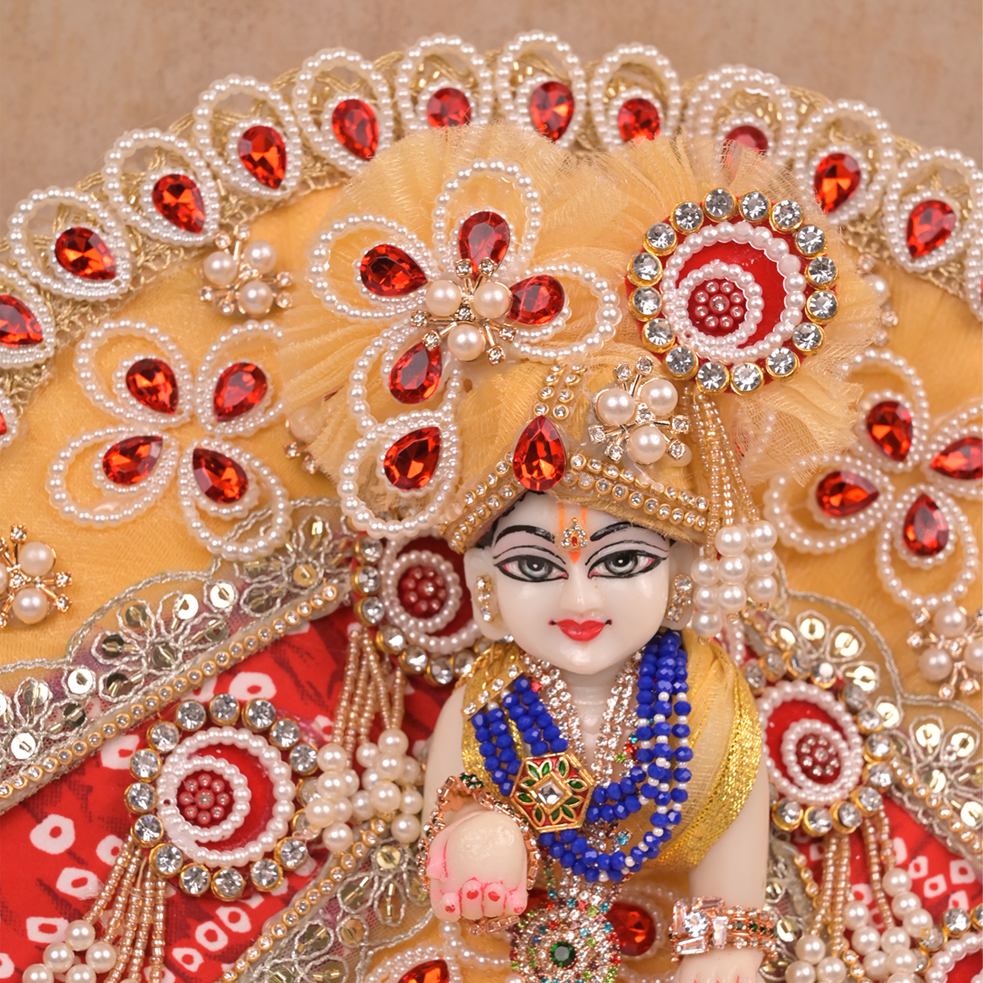 Laddu Gopal Poshak – Golden & Red Patka Style Dress with Kundan, Bead & Pearl Work