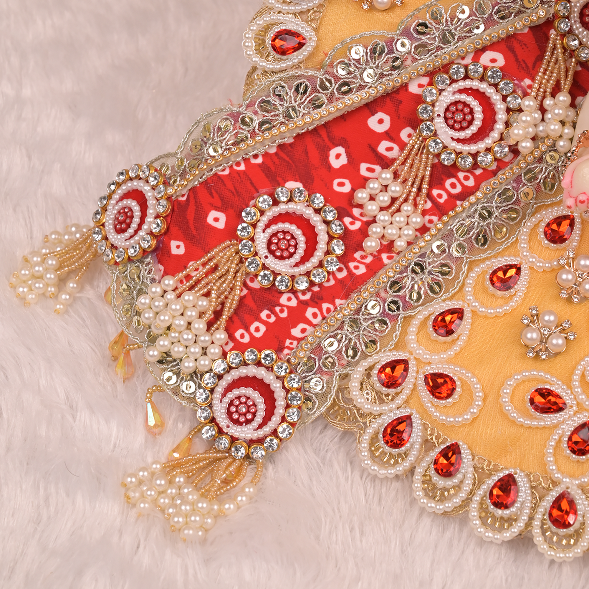 Laddu Gopal Poshak – Golden & Red Patka Style Dress with Kundan, Bead & Pearl Work