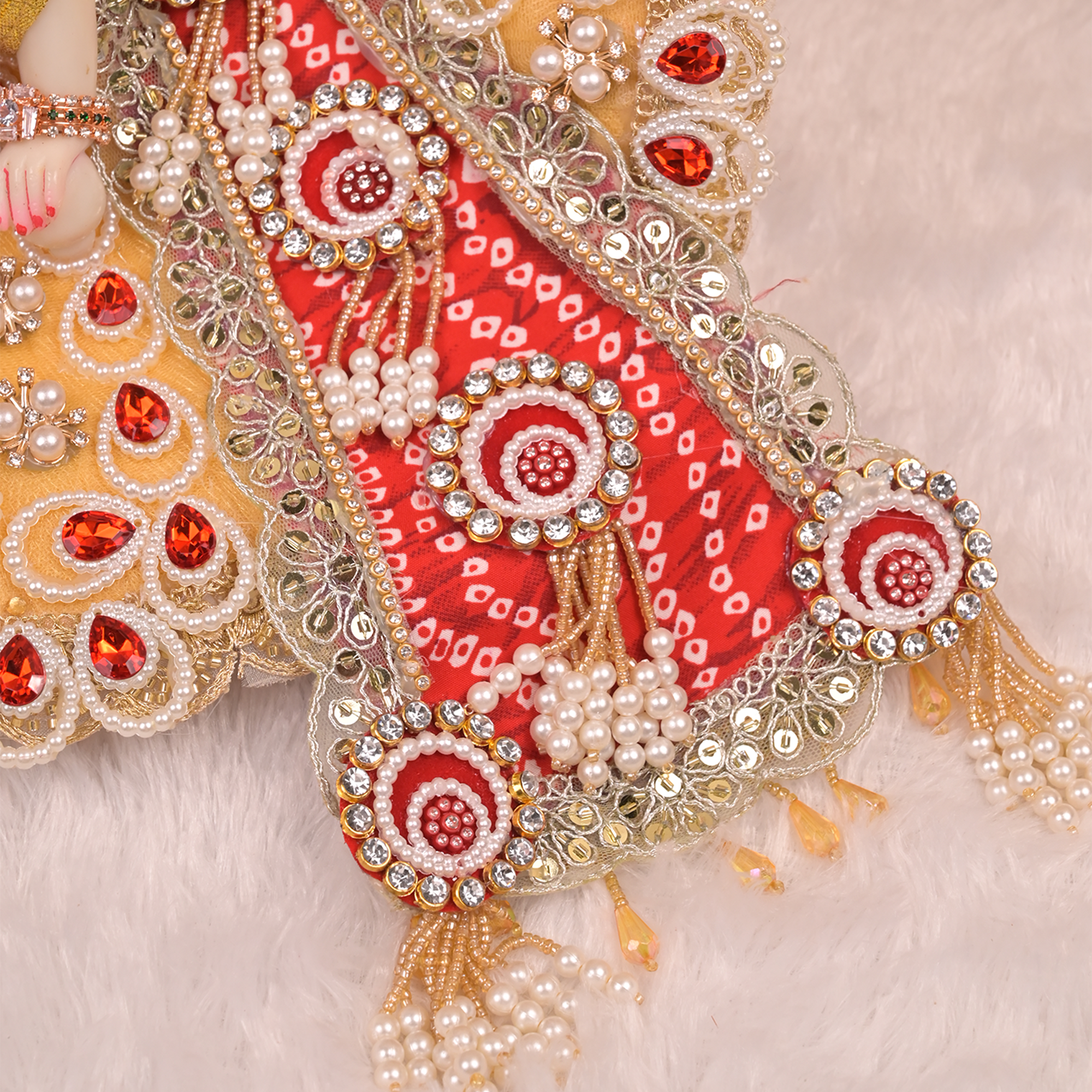 Laddu Gopal Poshak – Golden & Red Patka Style Dress with Kundan, Bead & Pearl Work