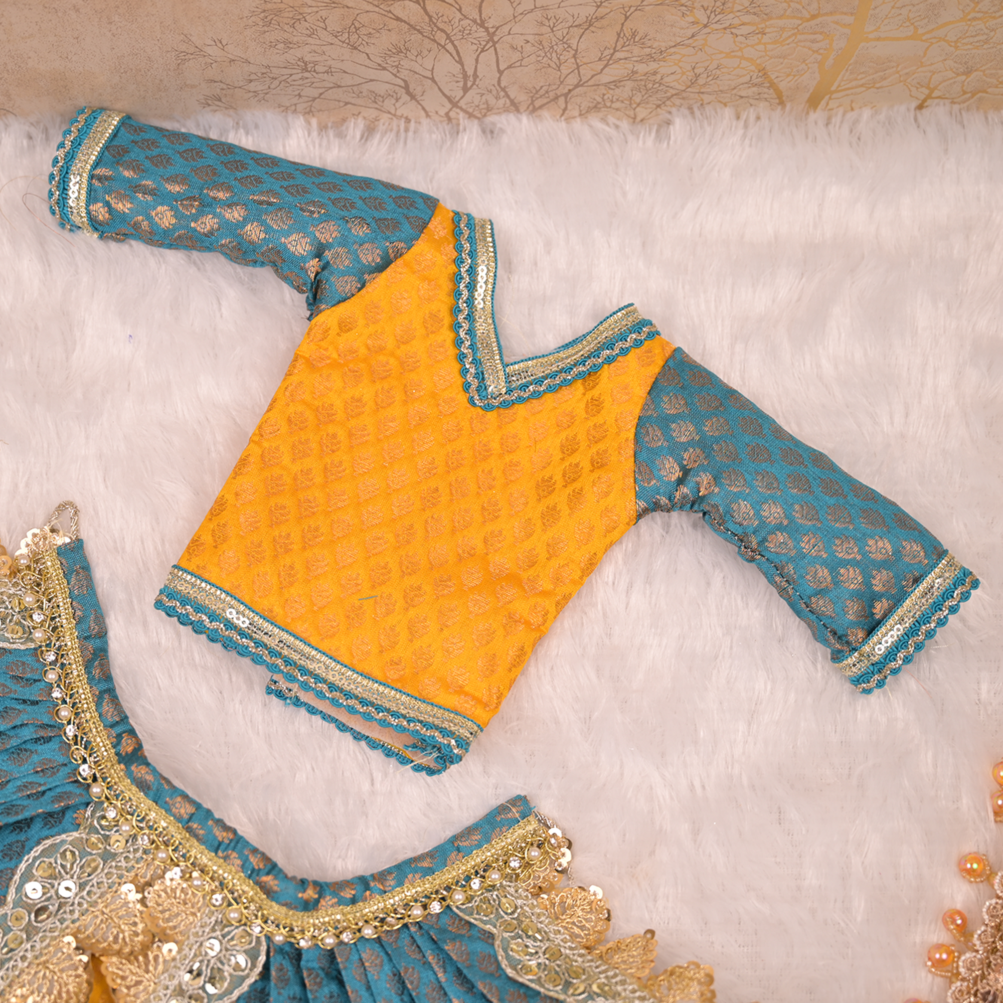 Radha Krishna Yugal Jodi Poshak – Mustard Yellow & Teal Blue Banarasi Silk Lehenga Set