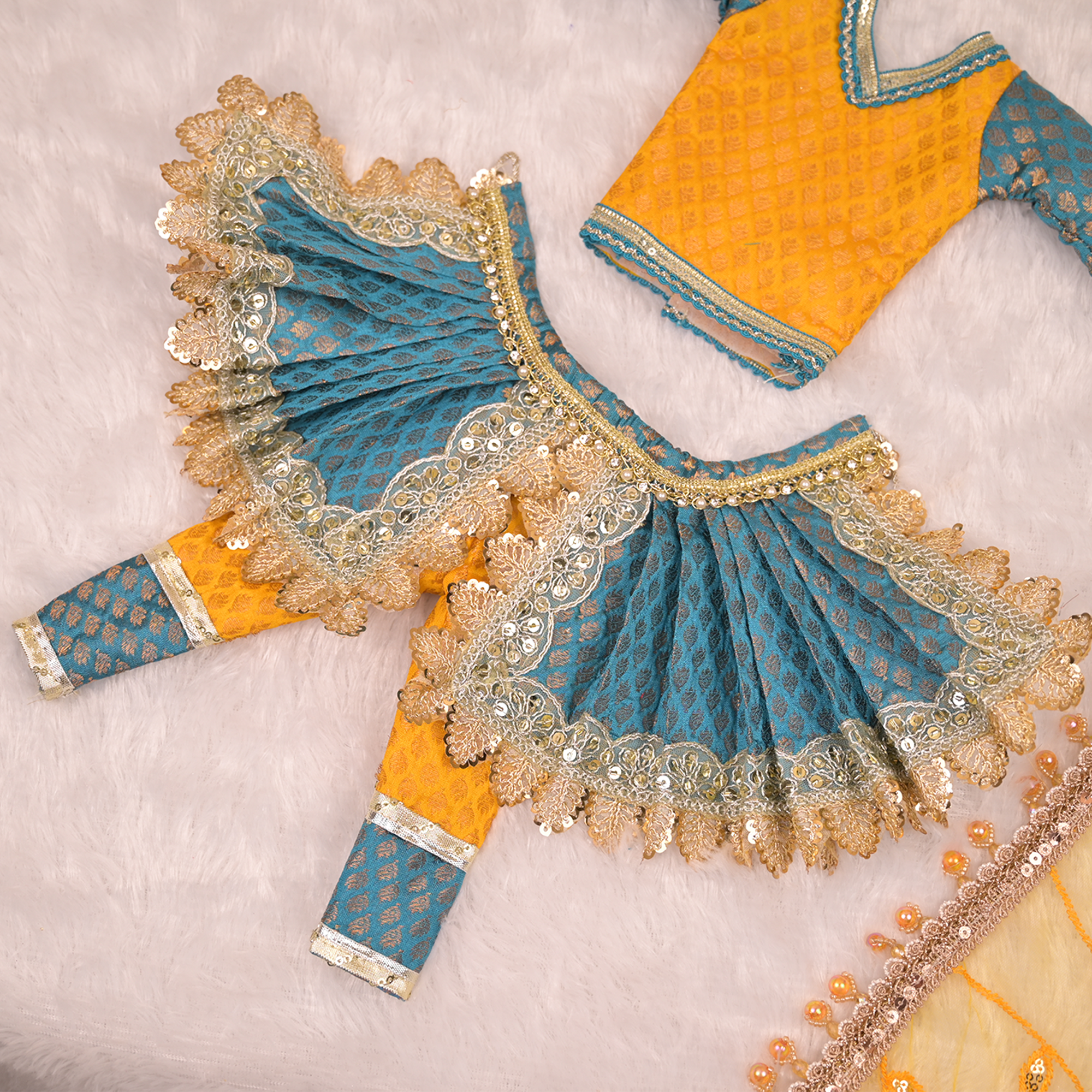 Radha Krishna Yugal Jodi Poshak – Mustard Yellow & Teal Blue Banarasi Silk Lehenga Set