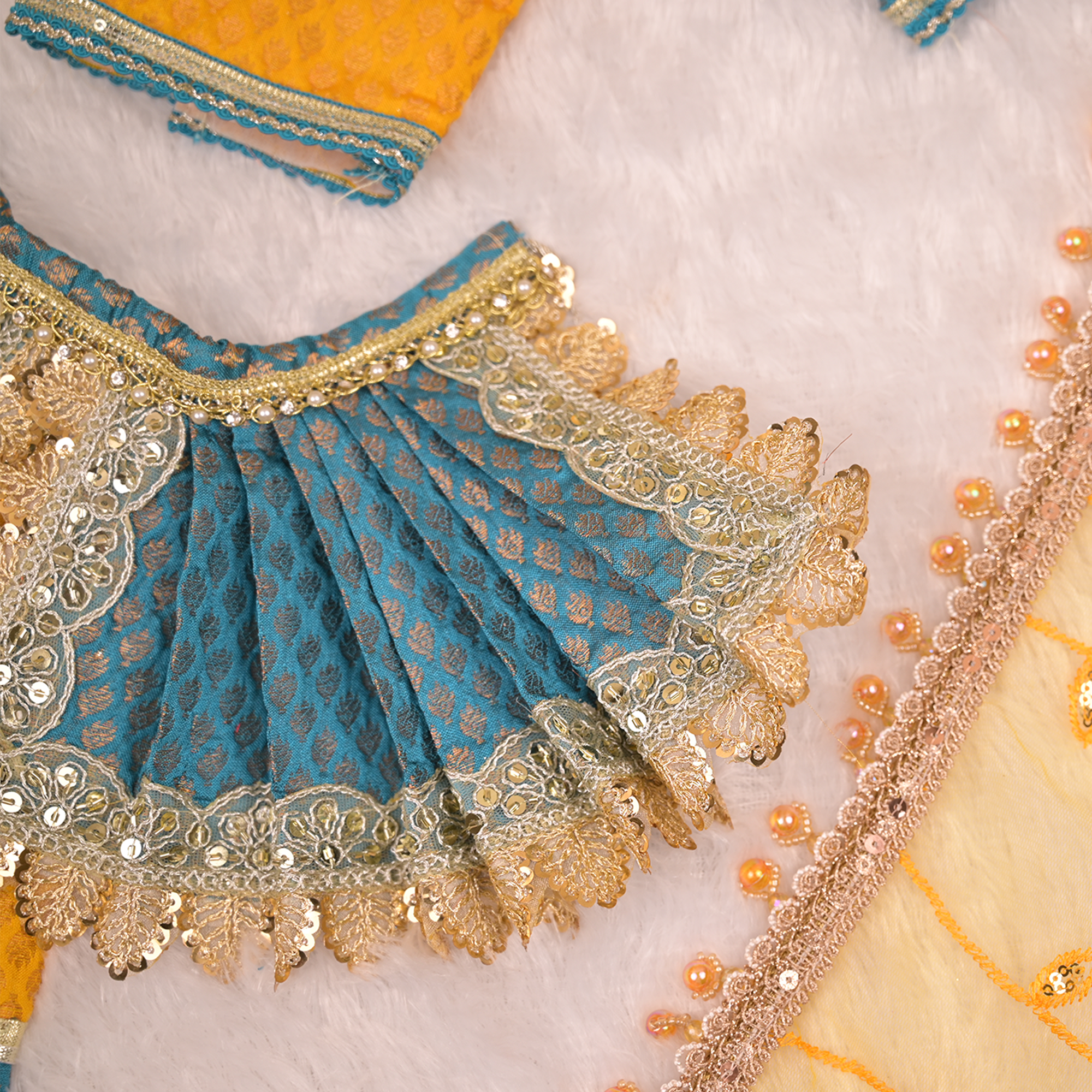 Radha Krishna Yugal Jodi Poshak – Mustard Yellow & Teal Blue Banarasi Silk Lehenga Set