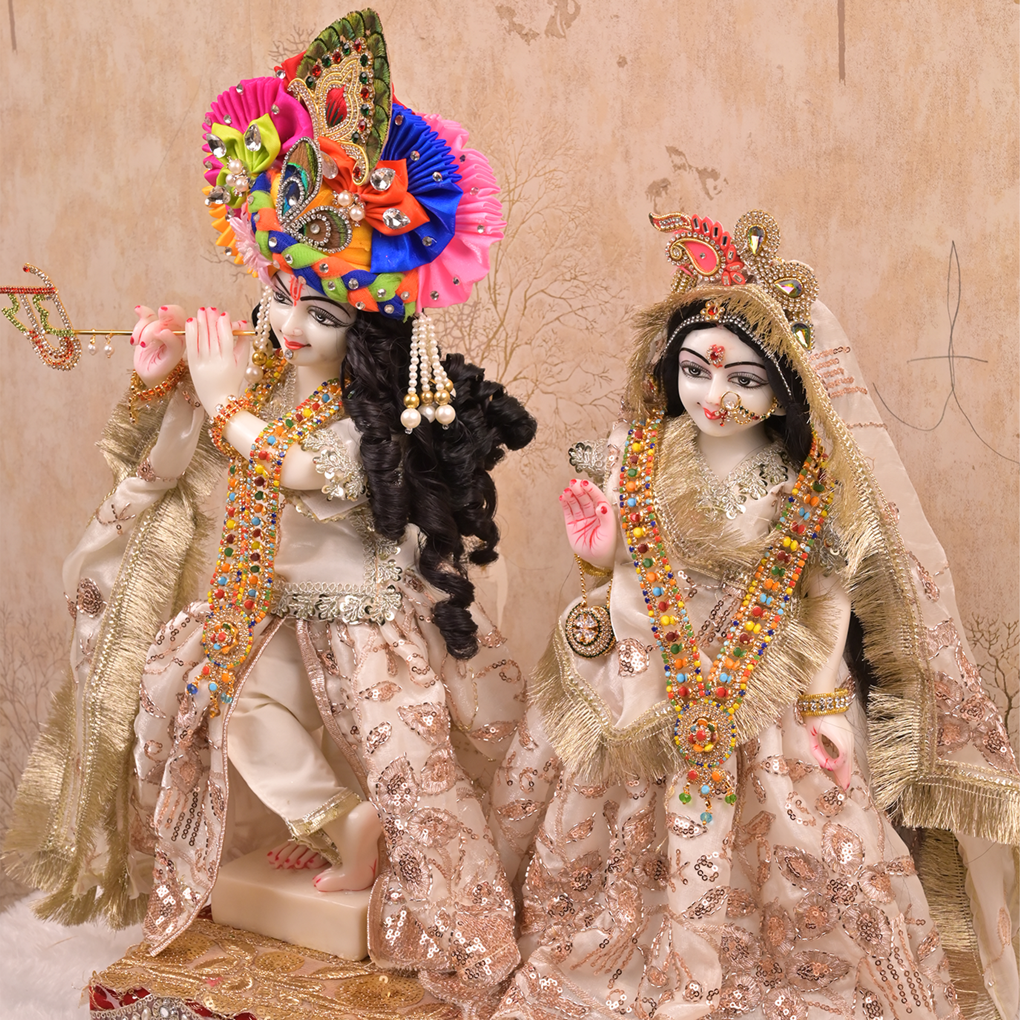 Radha Krishna Yugal Jodi Poshak – White Soft Silk Lehenga Set with Rose Gold Sequin & Pearl Lace Work