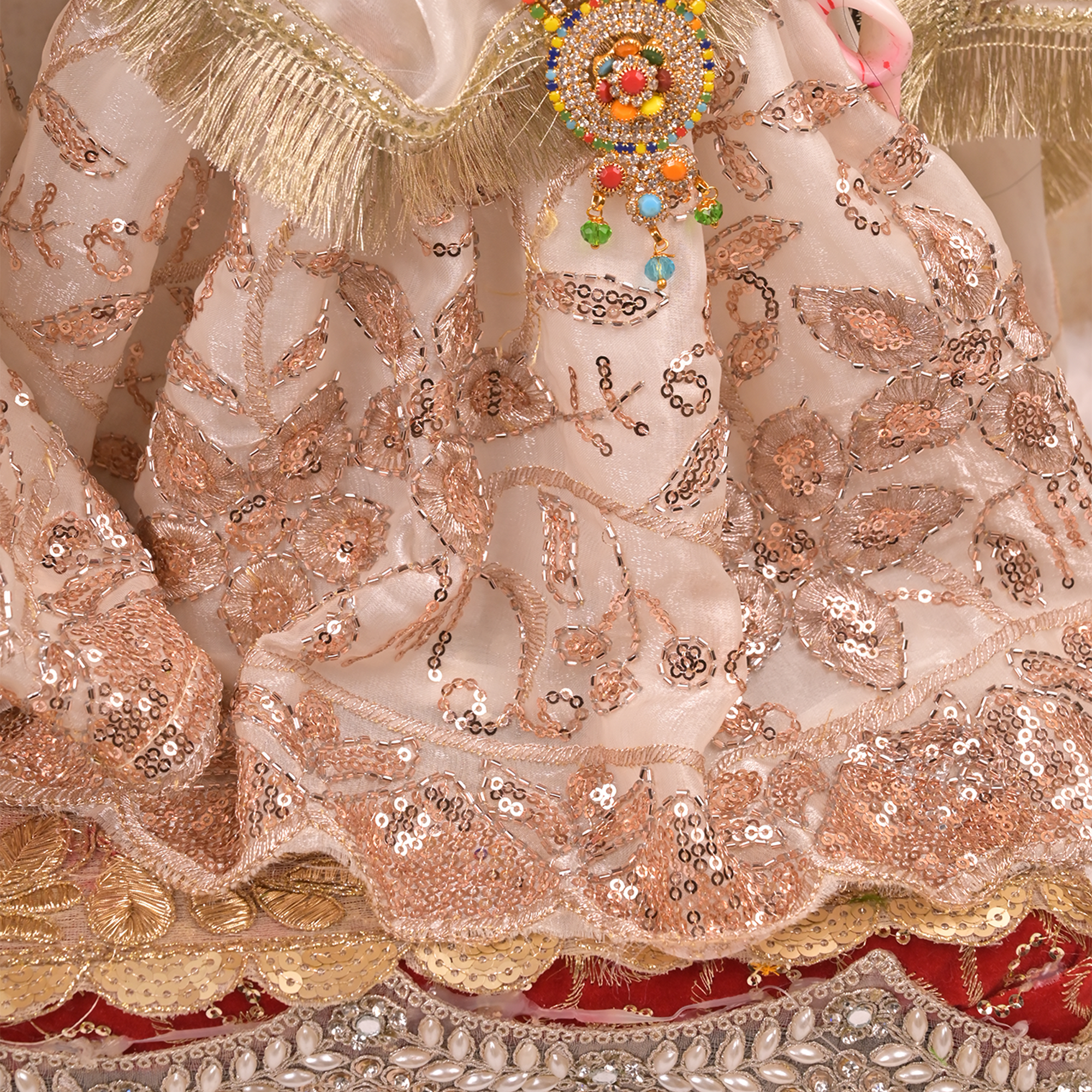 Radha Krishna Yugal Jodi Poshak – White Soft Silk Lehenga Set with Rose Gold Sequin & Pearl Lace Work