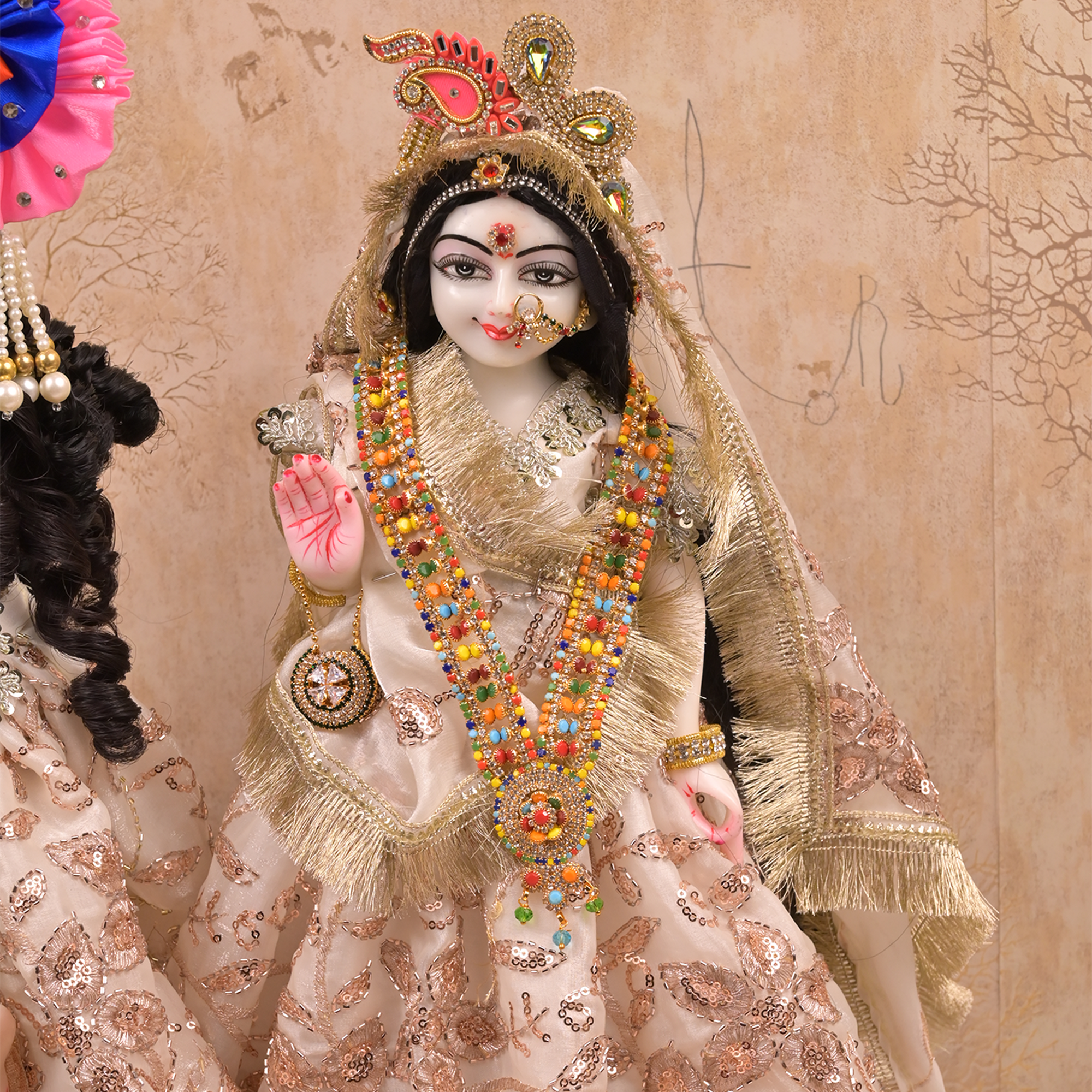 Radha Krishna Yugal Jodi Poshak – White Soft Silk Lehenga Set with Rose Gold Sequin & Pearl Lace Work