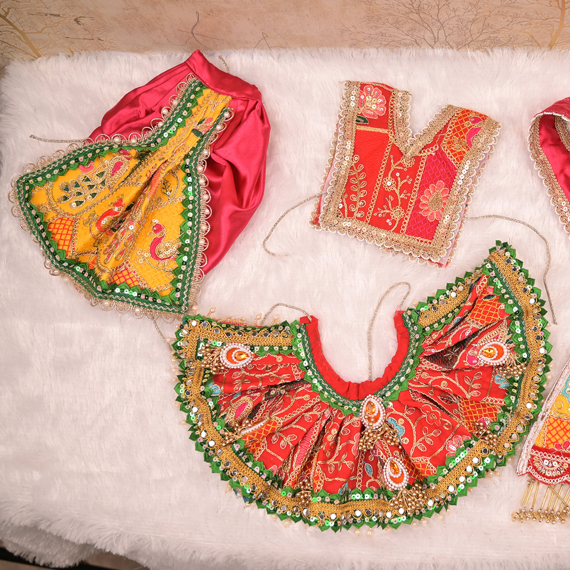 Radha Krishna Yugal Jodi Poshak – Yellow, Red & Green Georgette Lehenga Set with Dual Dupattas