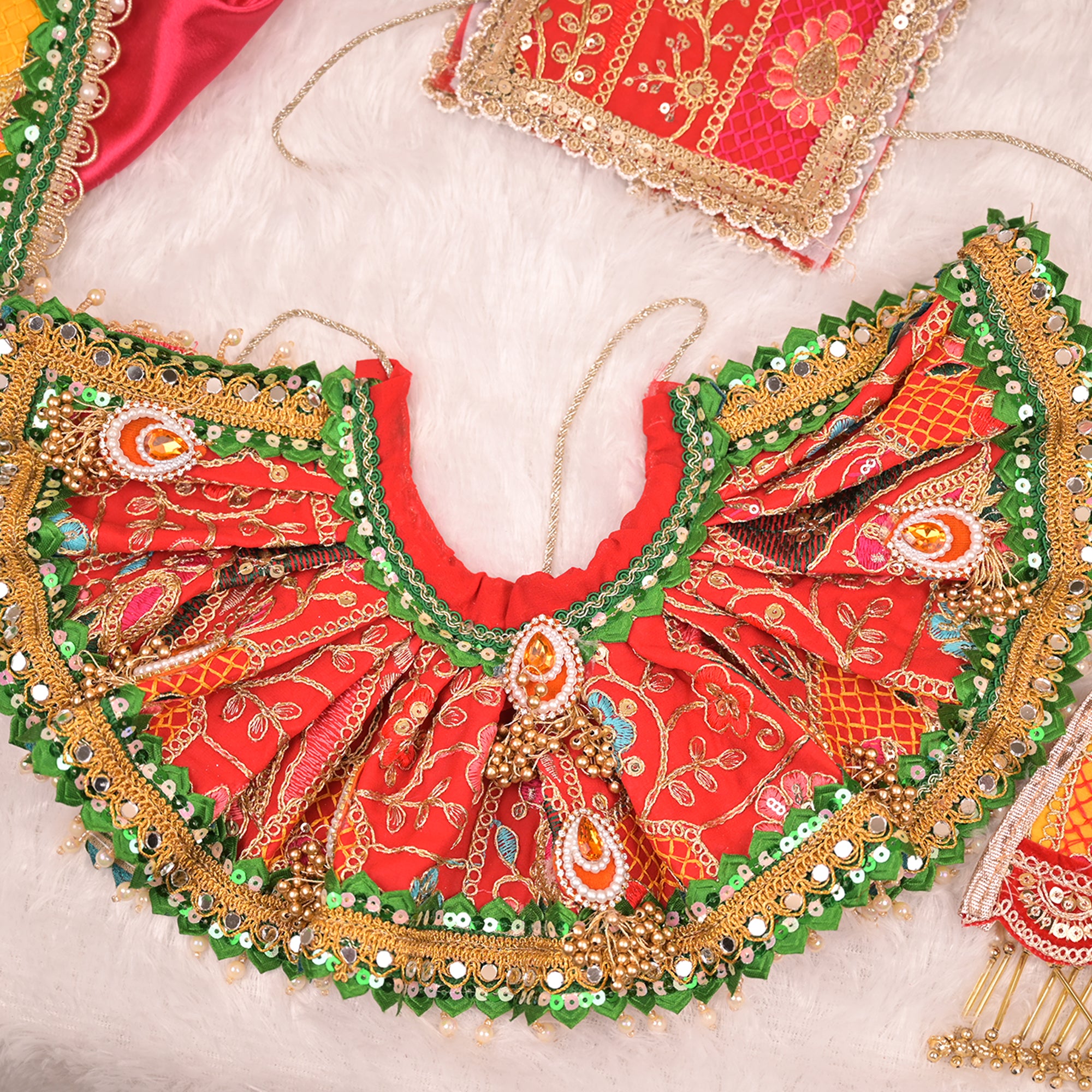 Radha Krishna Yugal Jodi Poshak – Yellow, Red & Green Georgette Lehenga Set with Dual Dupattas