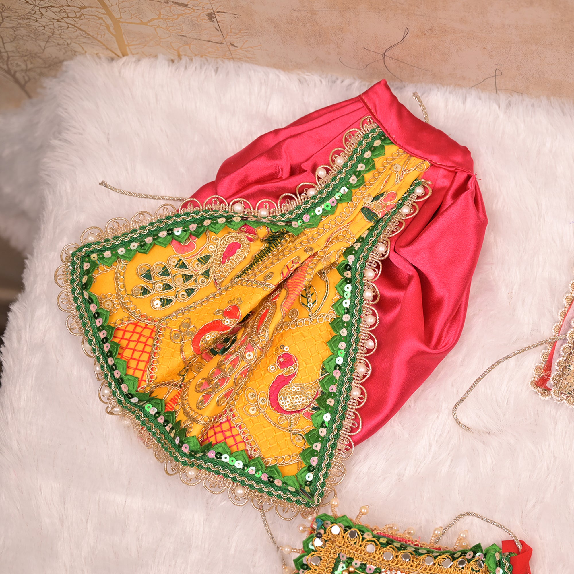 Radha Krishna Yugal Jodi Poshak – Yellow, Red & Green Georgette Lehenga Set with Dual Dupattas