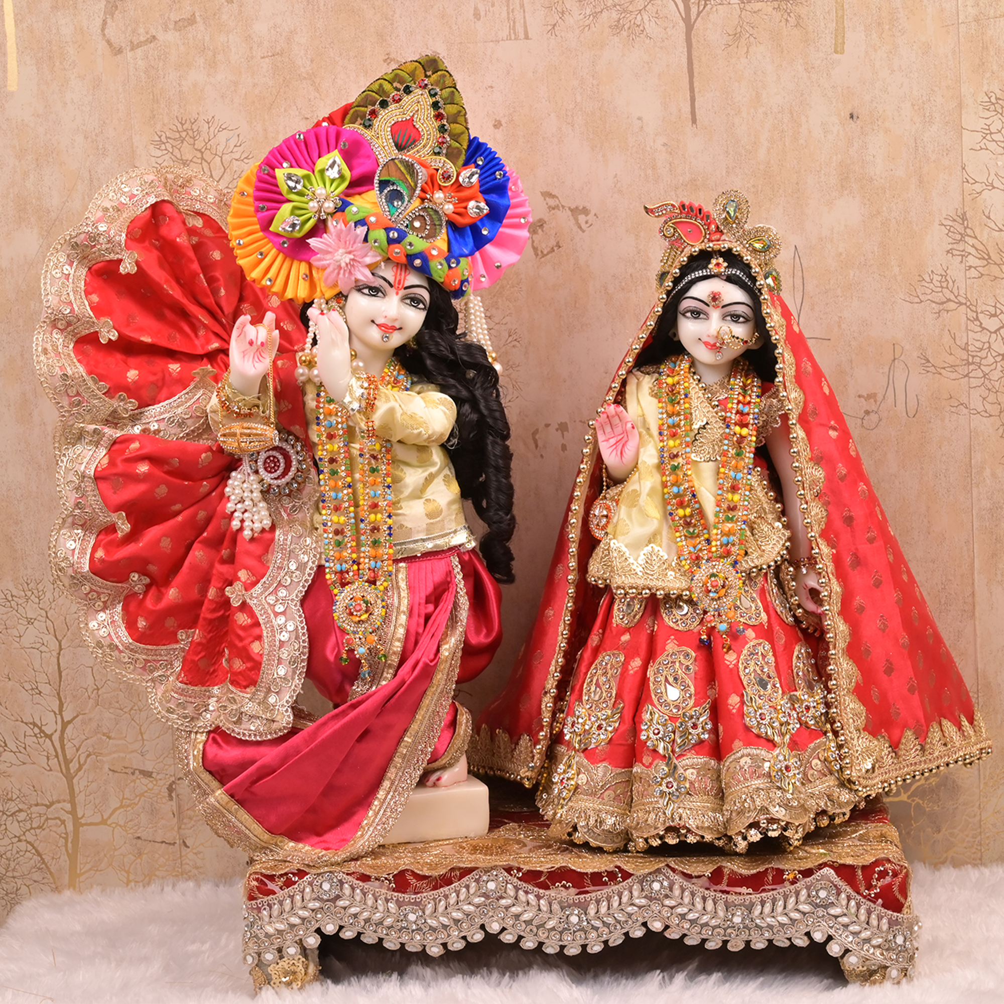 Radha Krishna Yugal Jodi Poshak – Reddish Maroon & Golden Beige Silk Lehenga Set with Kundan Work