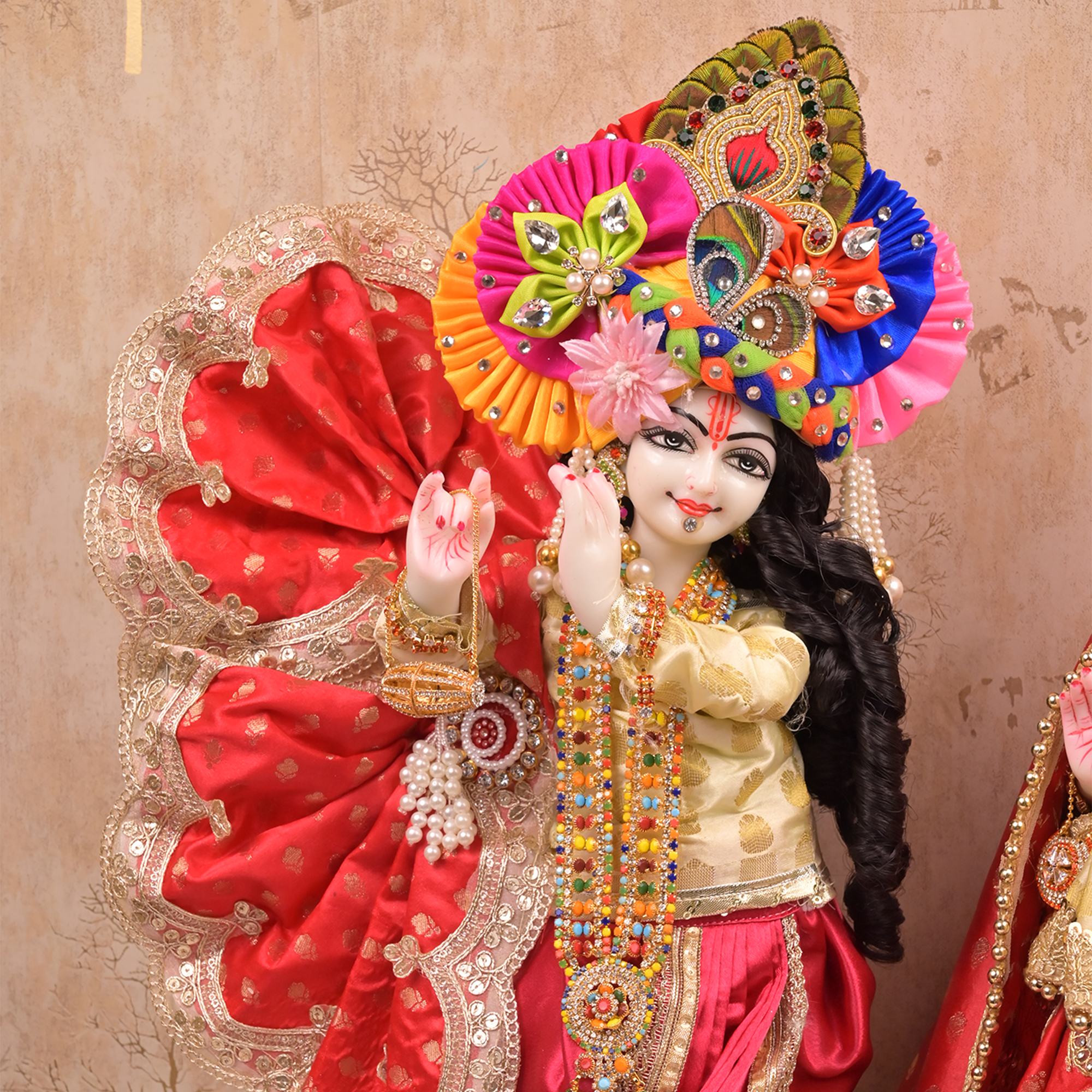 Radha Krishna Yugal Jodi Poshak – Reddish Maroon & Golden Beige Silk Lehenga Set with Kundan Work