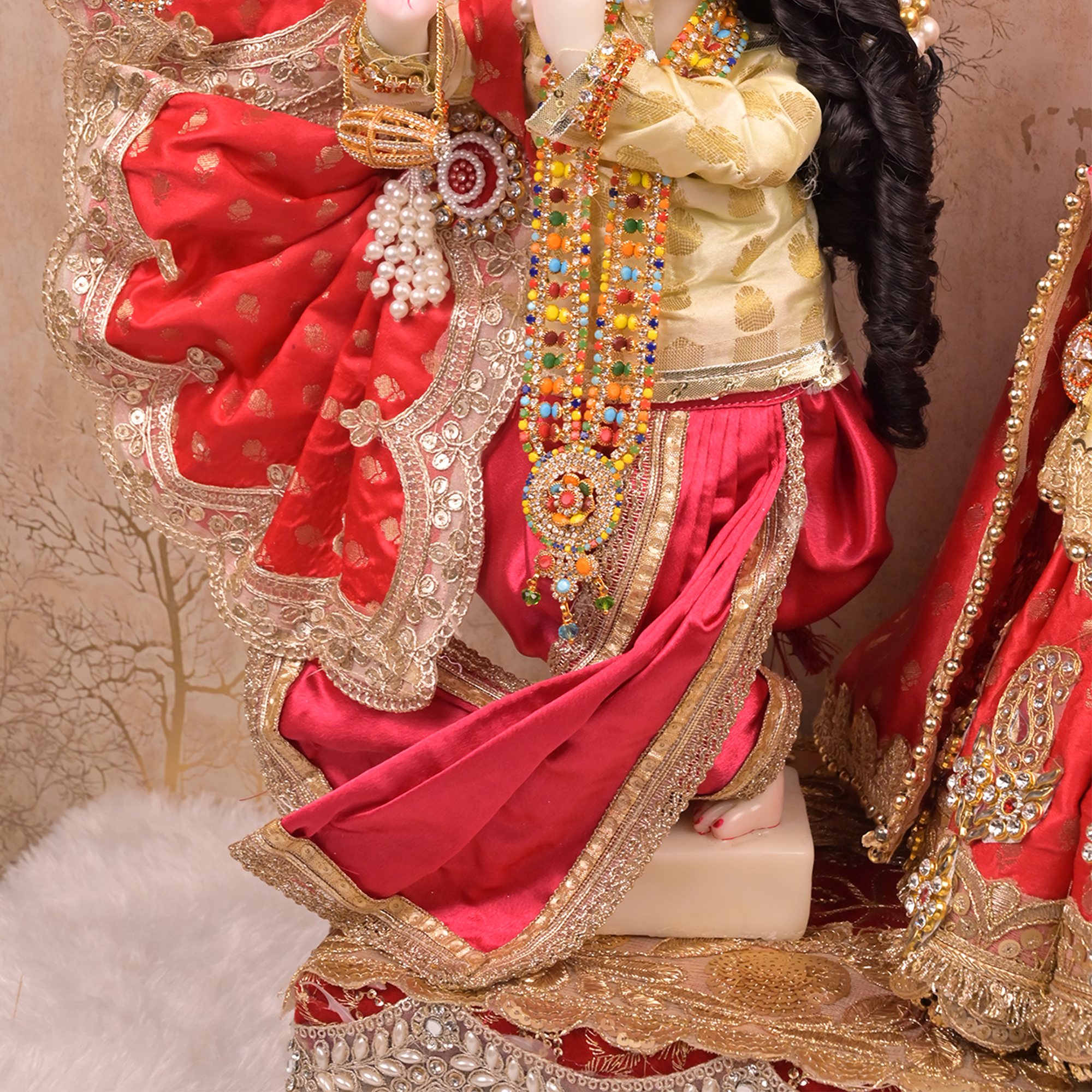 Radha Krishna Yugal Jodi Poshak – Reddish Maroon & Golden Beige Silk Lehenga Set with Kundan Work