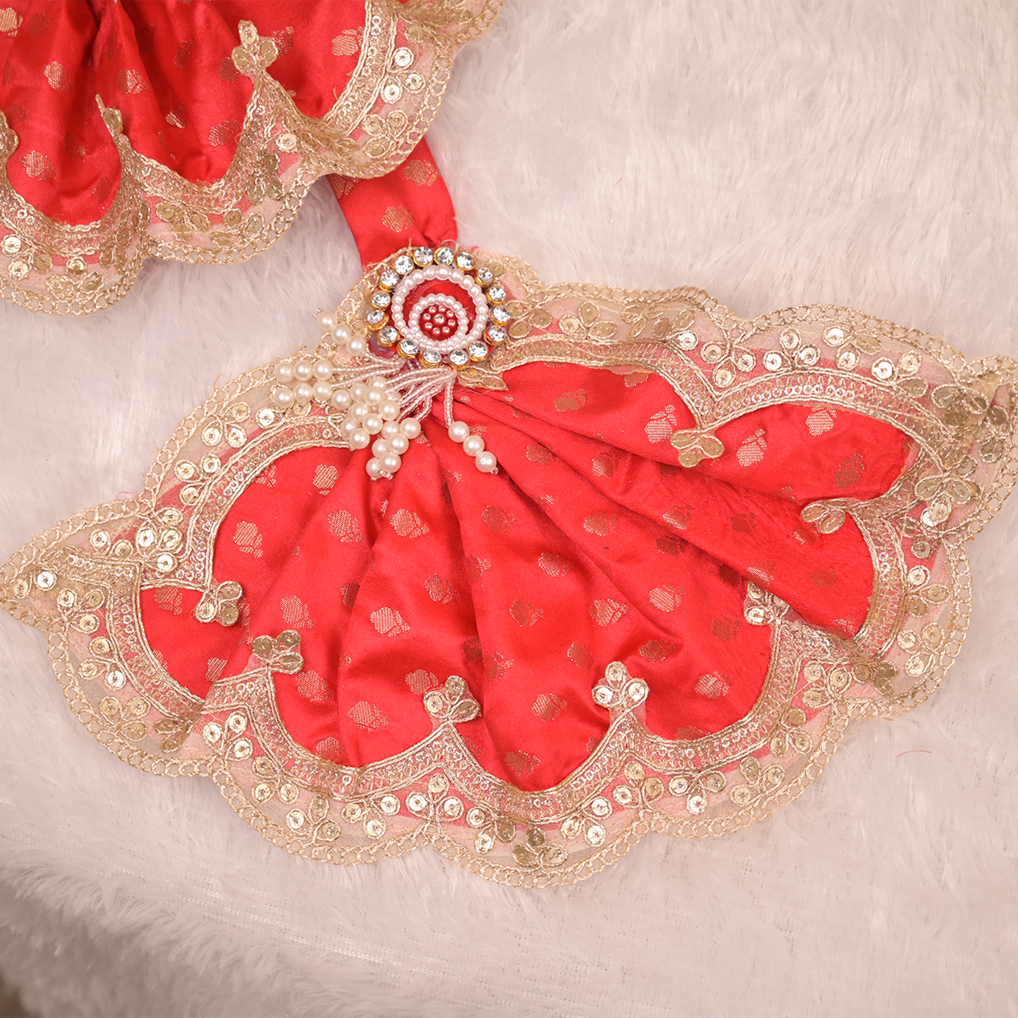 Radha Krishna Yugal Jodi Poshak – Reddish Maroon & Golden Beige Silk Lehenga Set with Kundan Work
