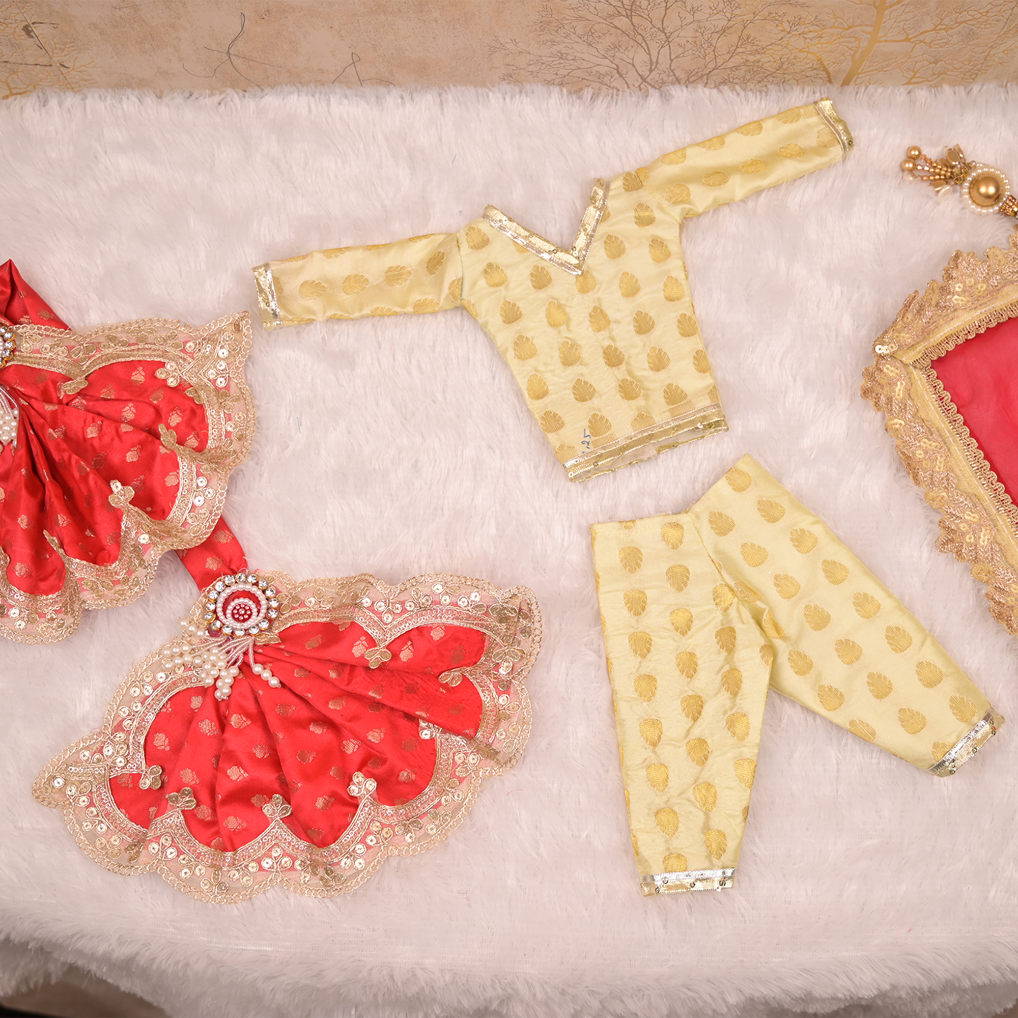 Radha Krishna Yugal Jodi Poshak – Reddish Maroon & Golden Beige Silk Lehenga Set with Kundan Work