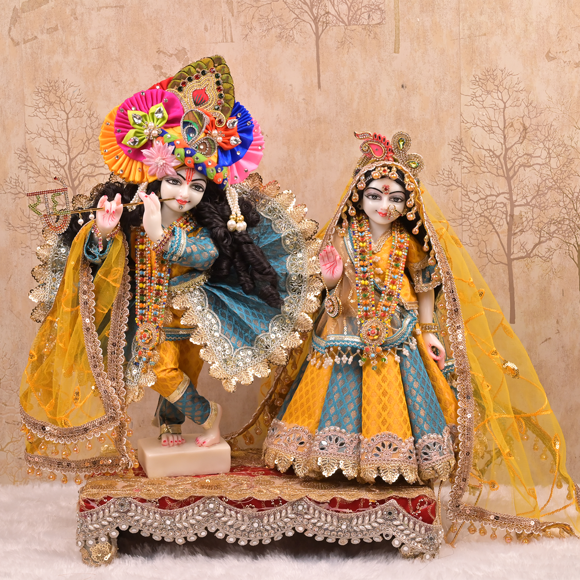 Radha Krishna Yugal Jodi Poshak – Mustard Yellow & Teal Blue Banarasi Silk Lehenga Set