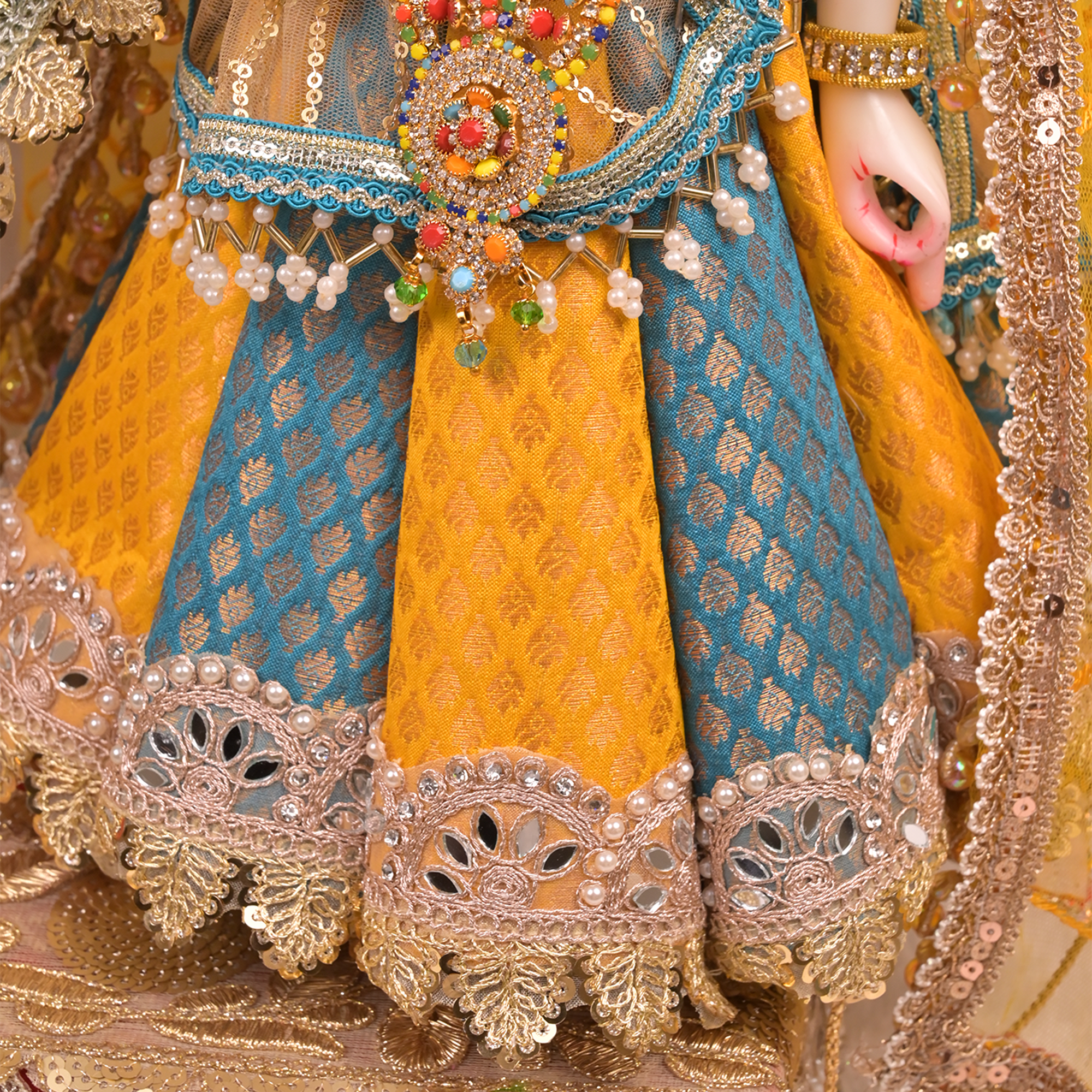Radha Krishna Yugal Jodi Poshak – Mustard Yellow & Teal Blue Banarasi Silk Lehenga Set