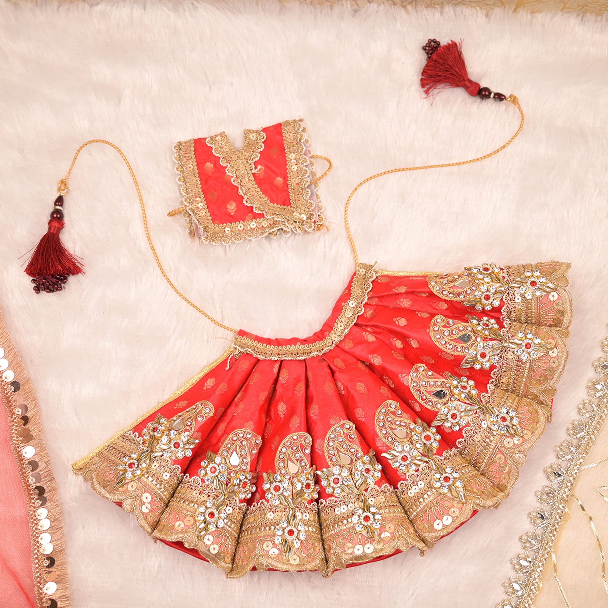 Mata Rani Lehenga – Reddish Maroon Pure Silk Poshak with Golden Embroidery & Dual Dupattas