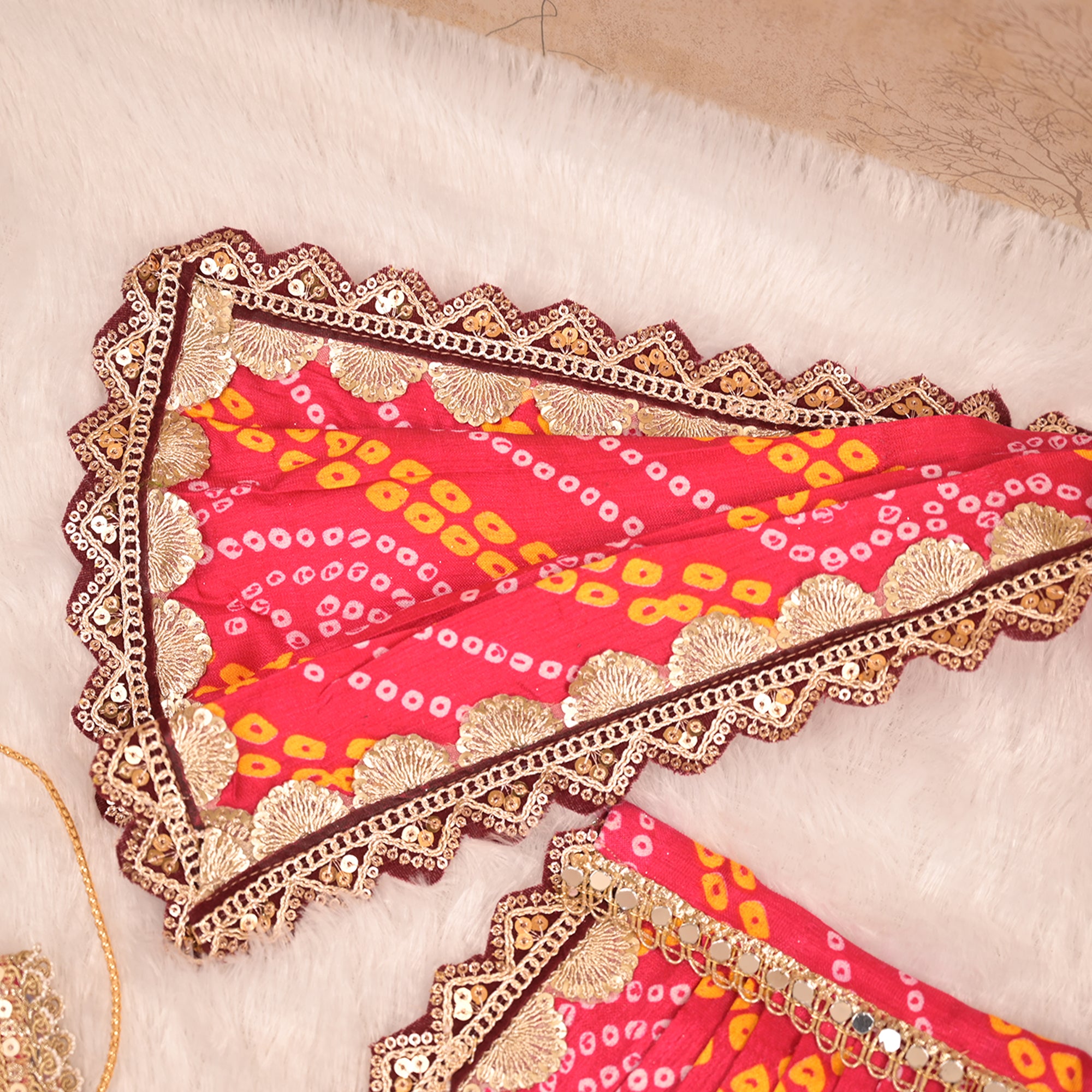 Mata Rani Saree – Rani Pink Bandhej Silk Poshak with Golden Lace Work