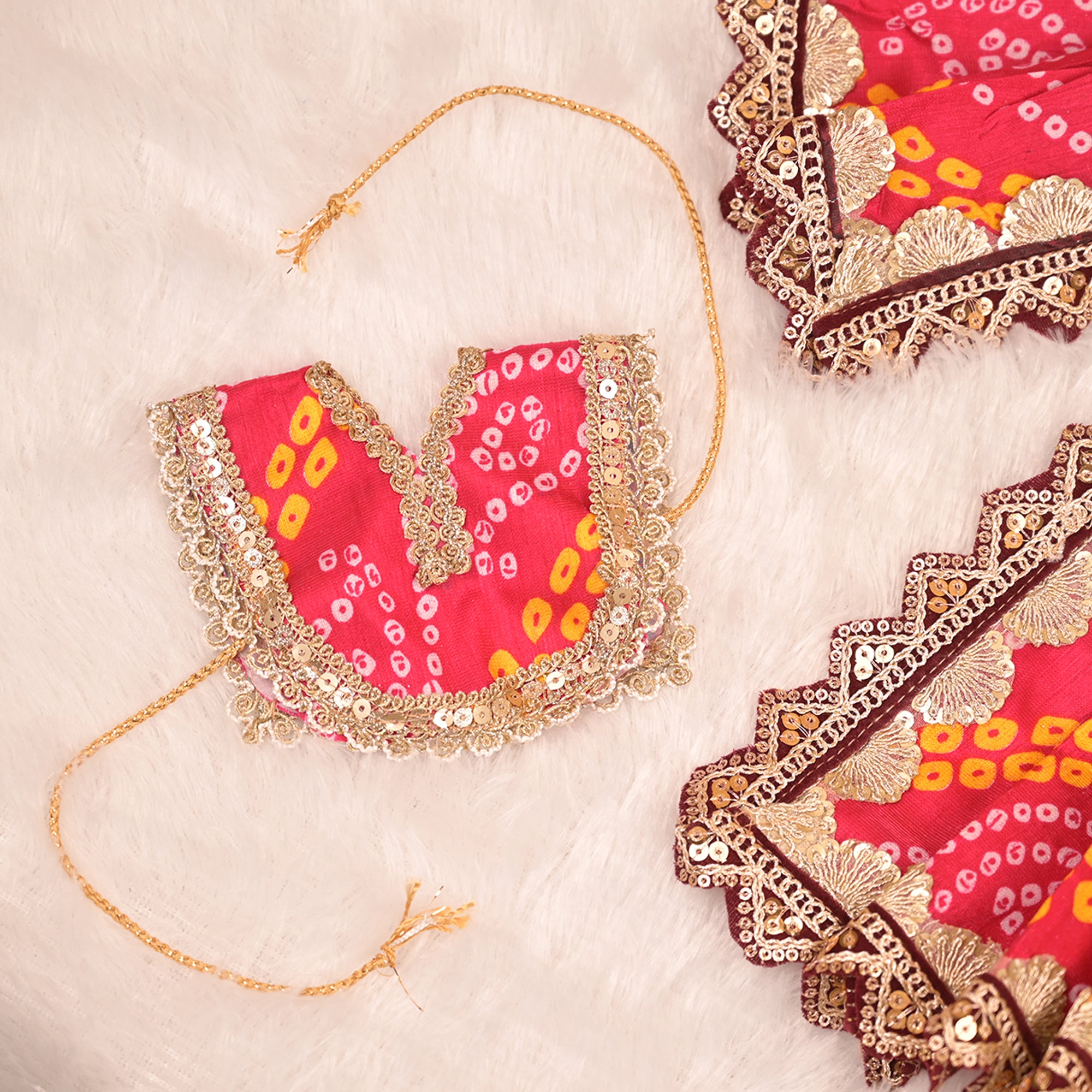 Mata Rani Saree – Rani Pink Bandhej Silk Poshak with Golden Lace Work