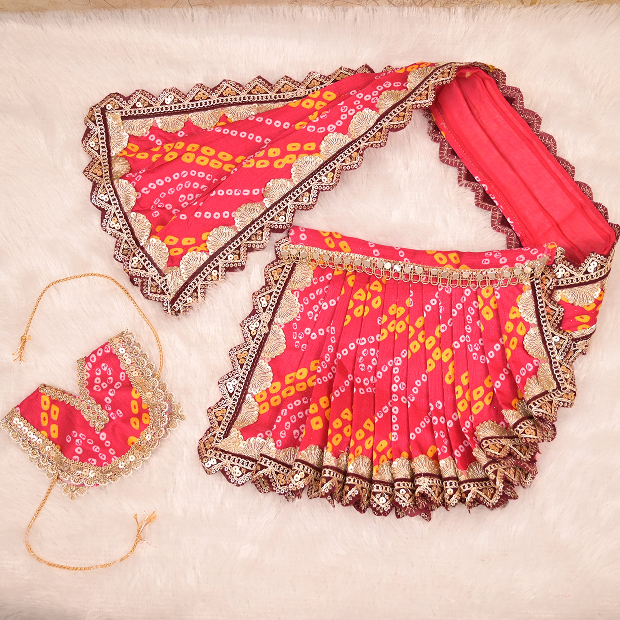 Mata Rani Saree – Rani Pink Bandhej Silk Poshak with Golden Lace Work