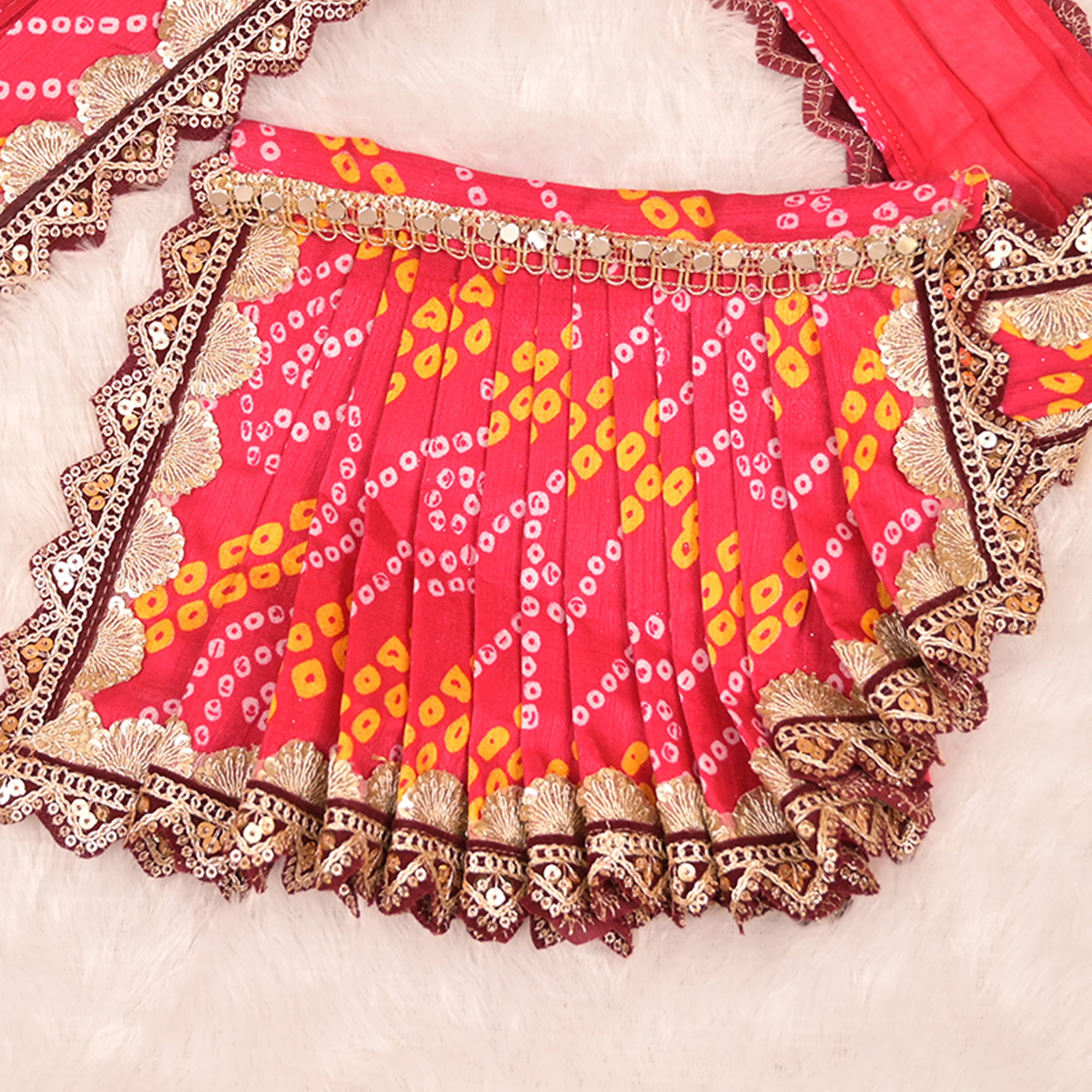 Mata Rani Saree – Rani Pink Bandhej Silk Poshak with Golden Lace Work