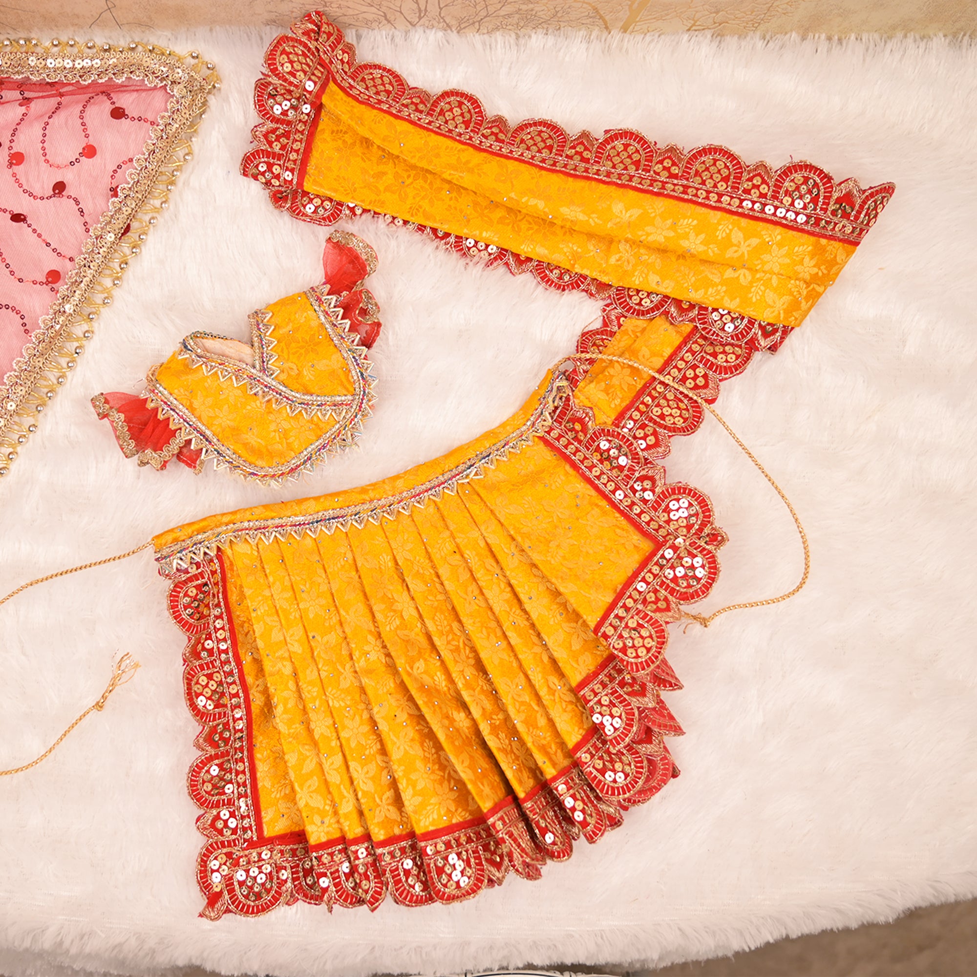 Mata Rani Saree – Yellow Soft Silk Poshak with Red Lace Work & Net Dupatta