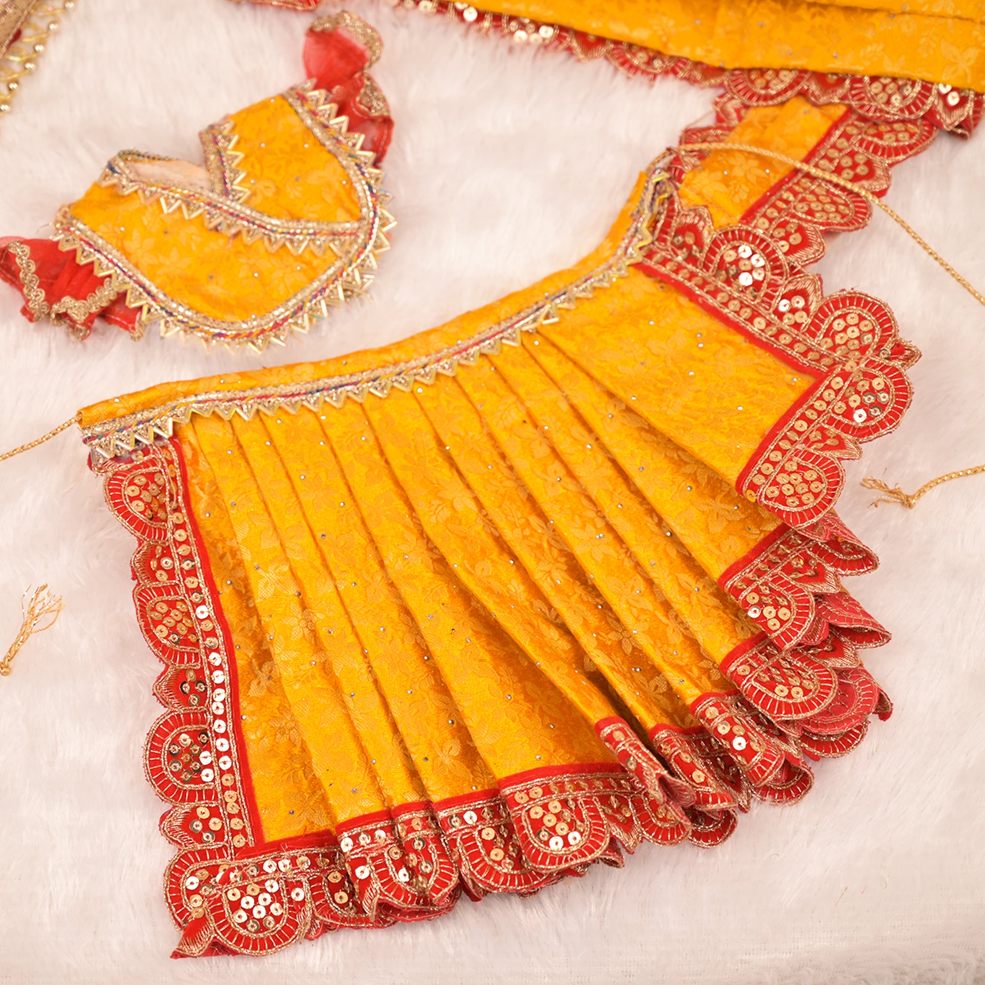 Mata Rani Saree – Yellow Soft Silk Poshak with Red Lace Work & Net Dupatta