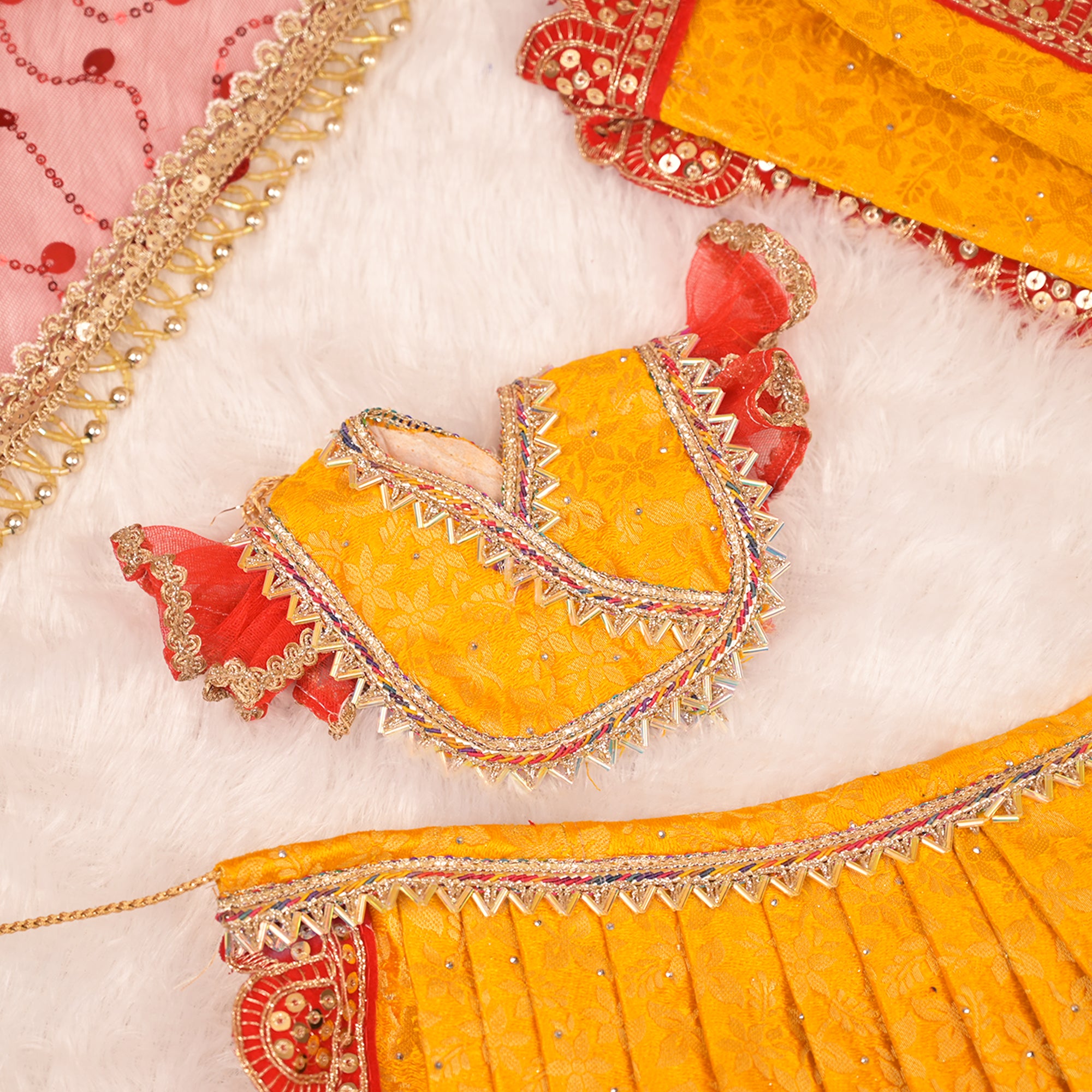 Mata Rani Saree – Yellow Soft Silk Poshak with Red Lace Work & Net Dupatta